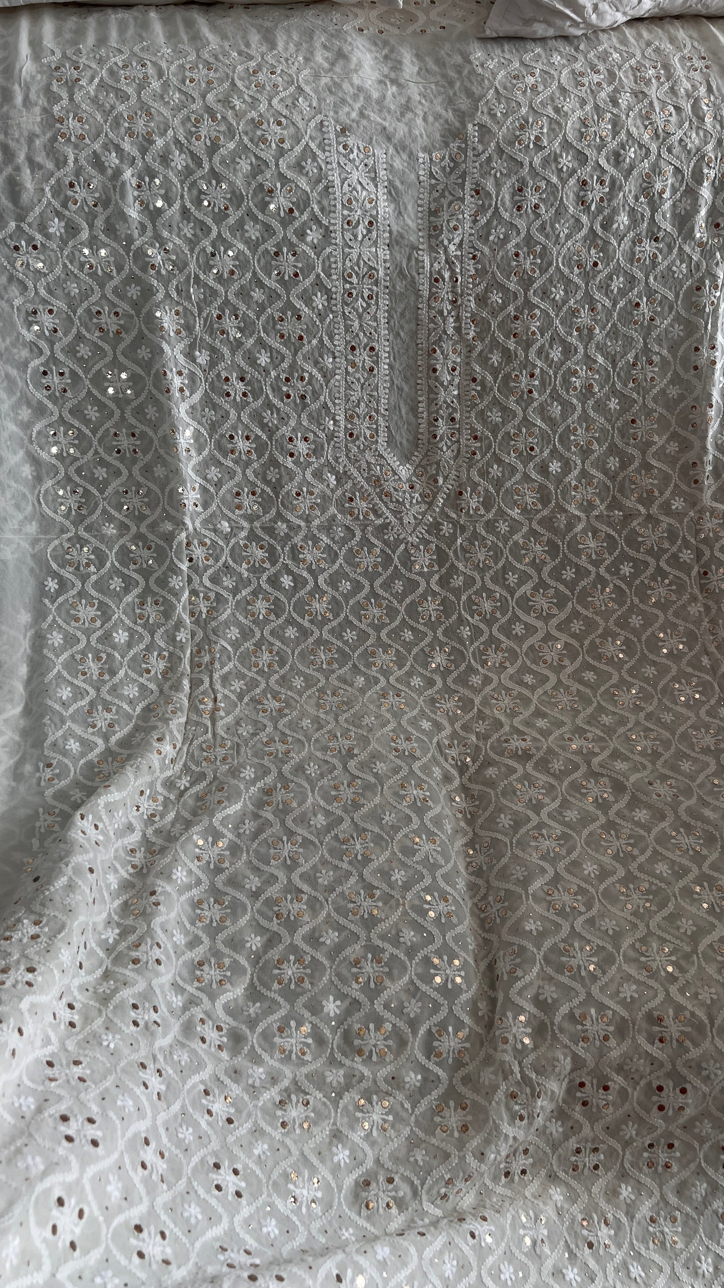 Ivory Pure Georgette Allover Chikankari and Mukaish Men's Kurta Fabric