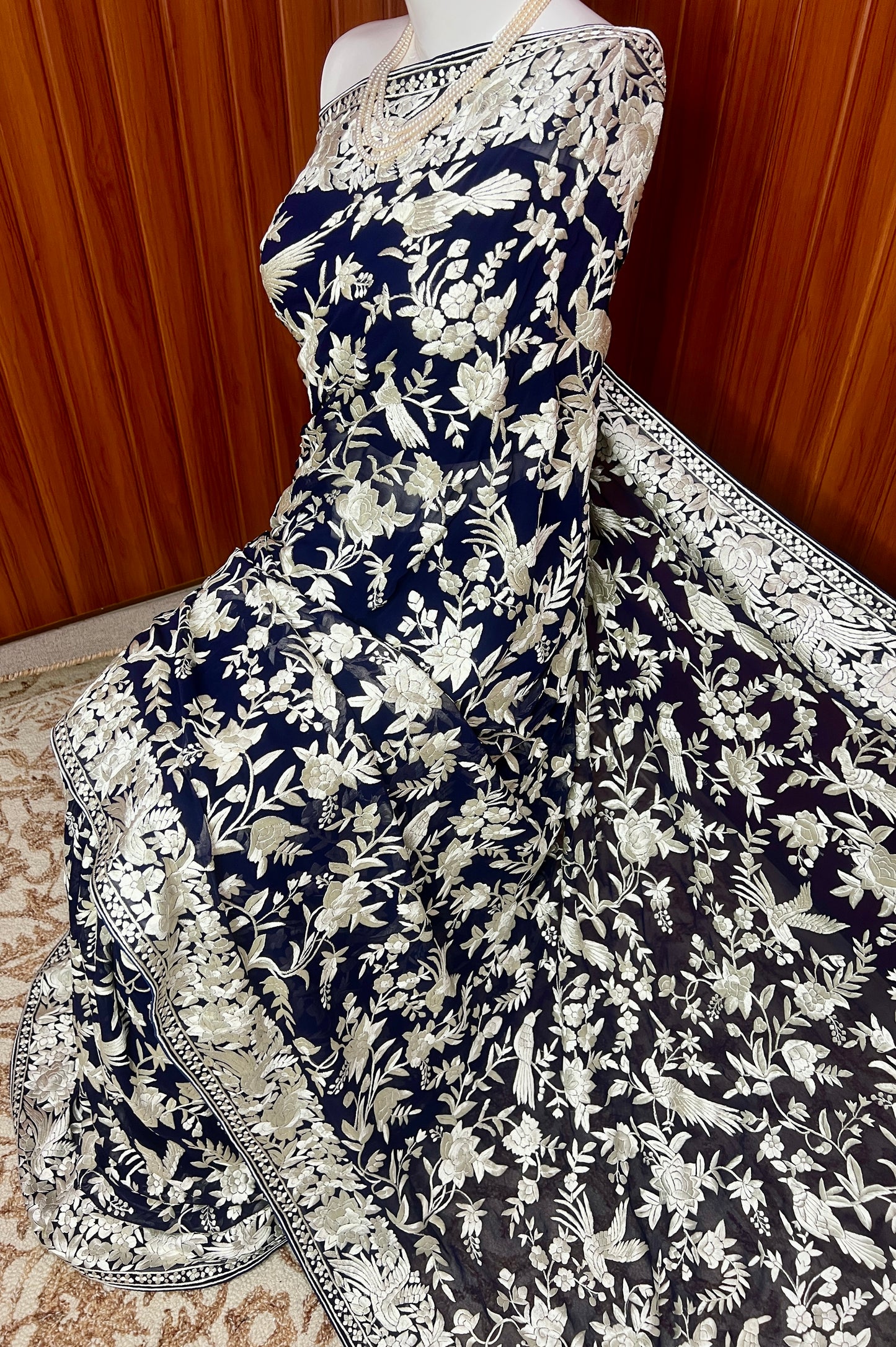 Midnight Blue Parsi Gara Masterpiece Saree