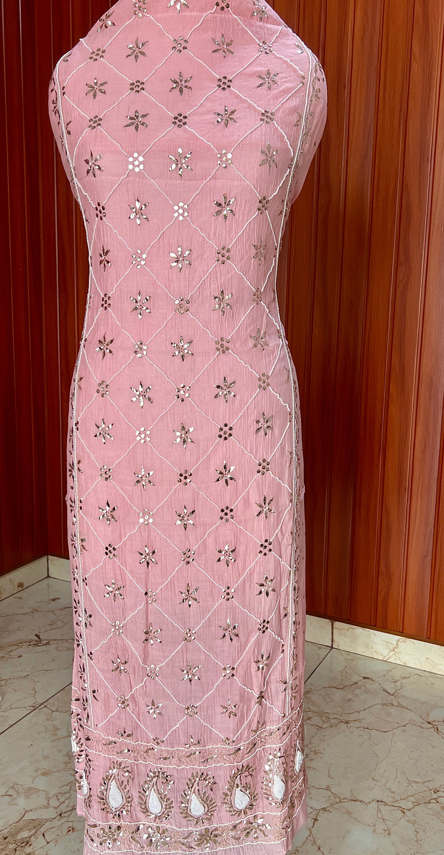 Rose Pink Badla Mukaish and pearl work mulmul kurta with dupatta