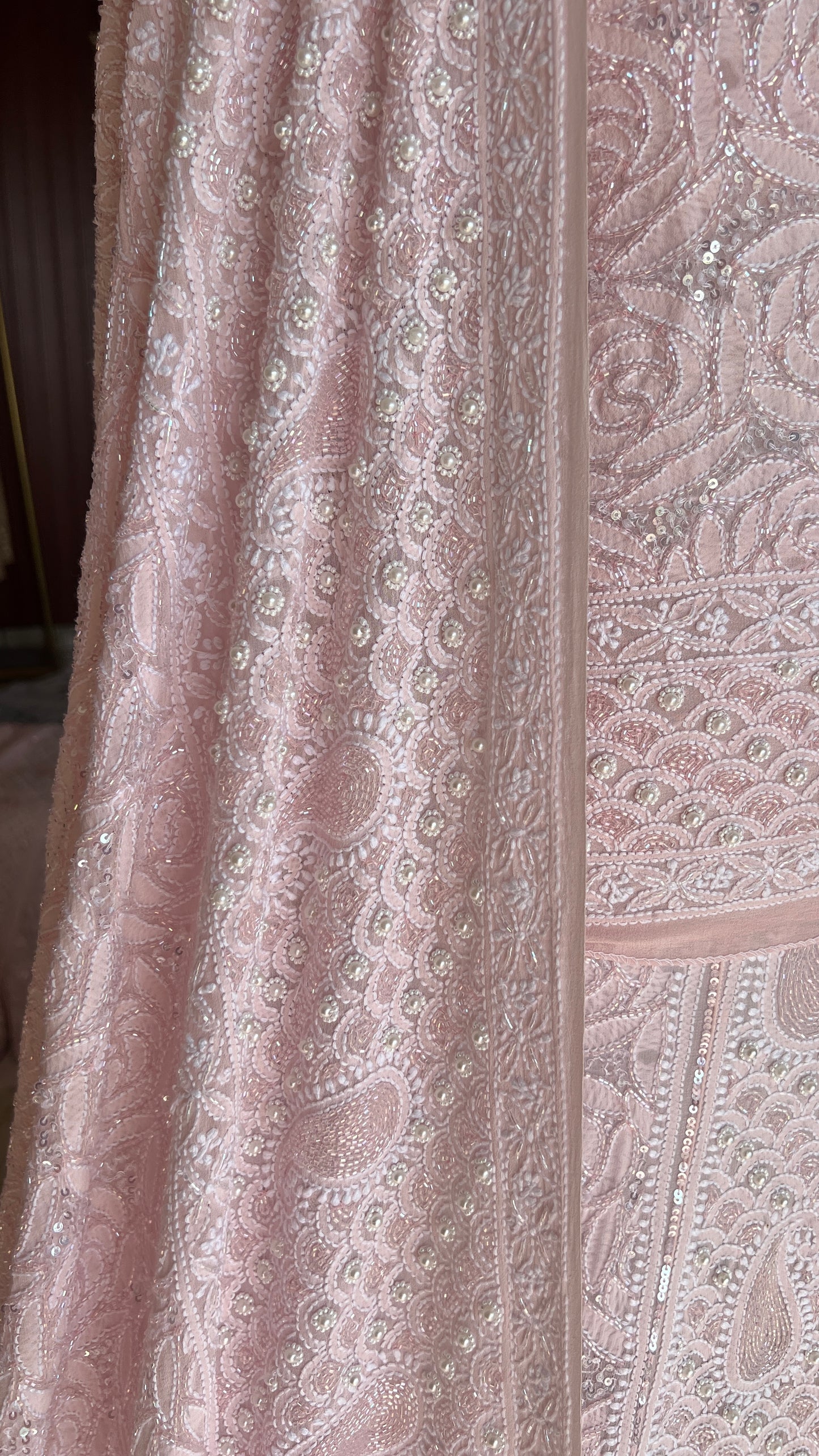 Ruhani Powder Pink Chikankari Pearl Cut Dana Sequins Wedding Lehenga