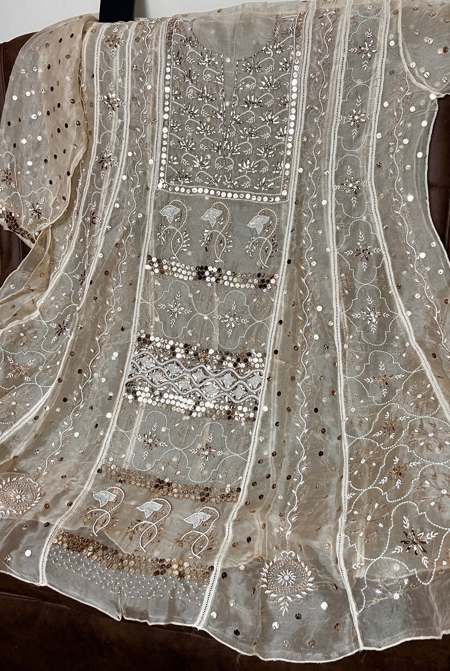 Pure Organza Anarkali with mukaish sequins and pearl work