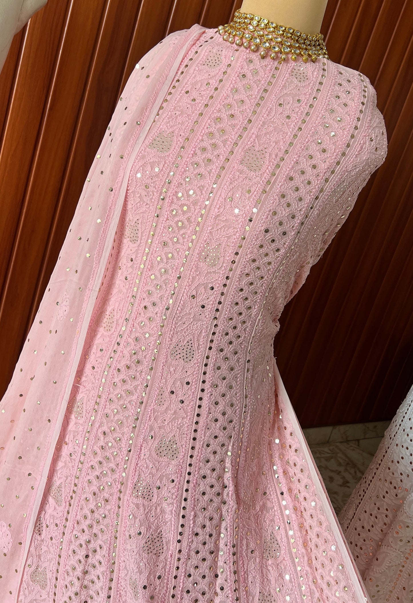 Pink allover Chikankari and mukaish anarkali with dupatta