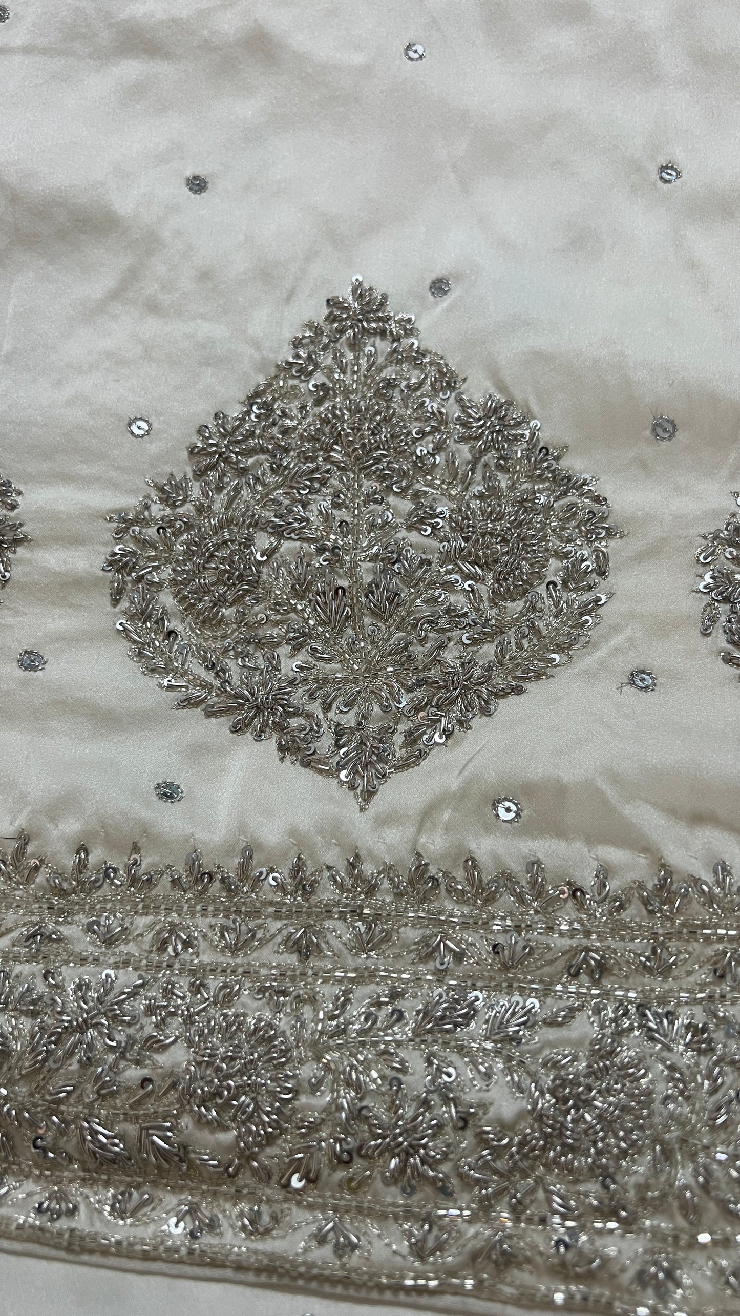 Ruhani Ivory Hand Embroidered Zardozi Pure Satin Crepe Saree