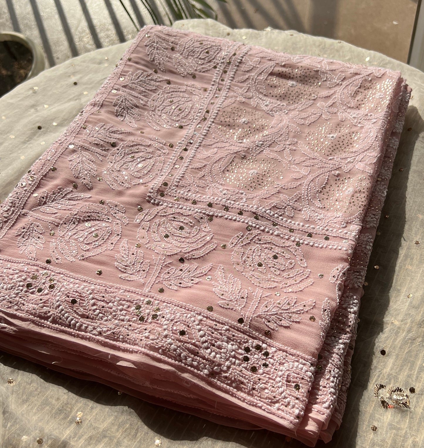 Ruhani Dusty Pink Allover Designer Chikankari and Mukaish Saree
