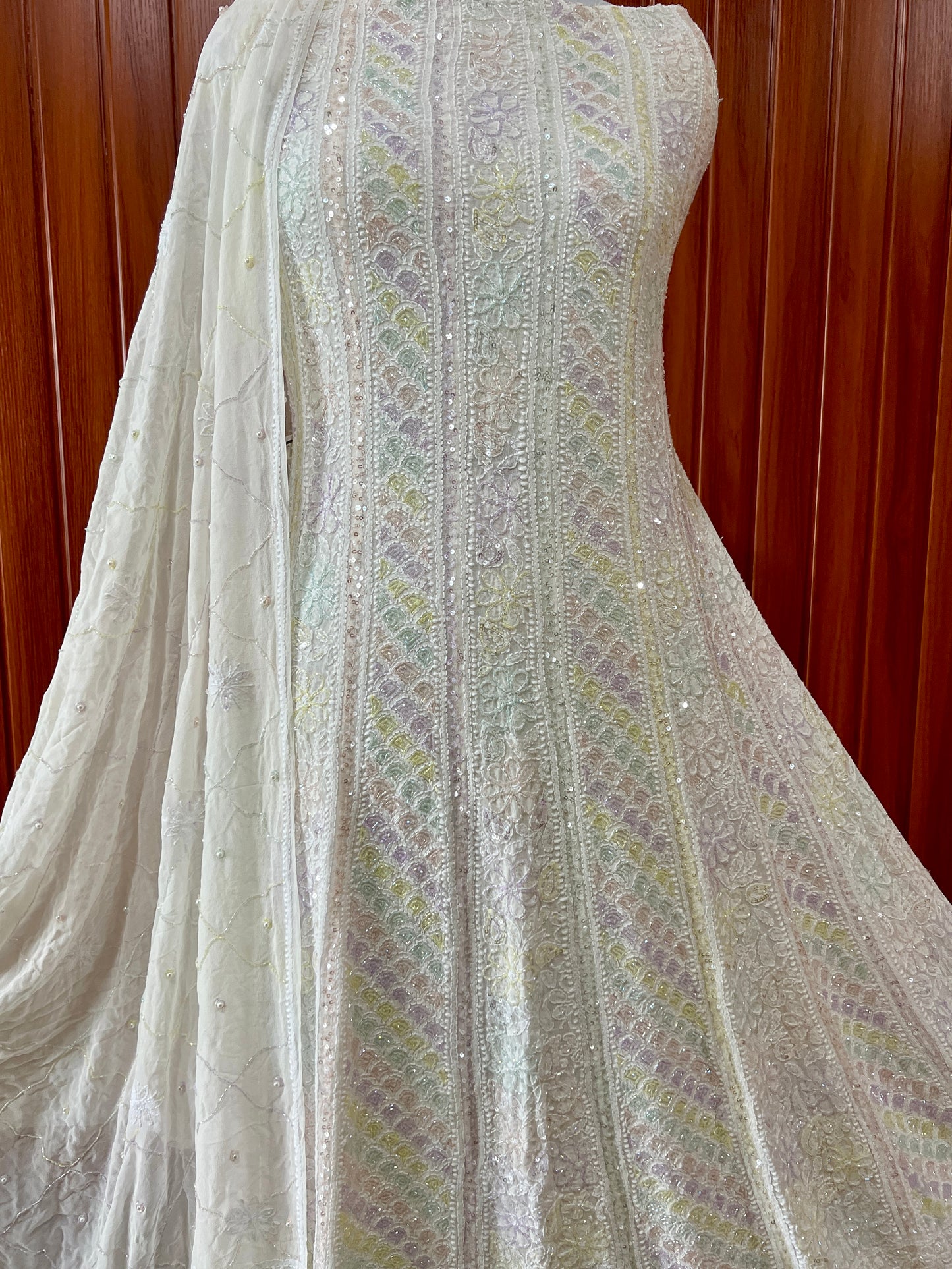 Ivory Chikankari multicolored Sequins and Cut Dana Anarkali