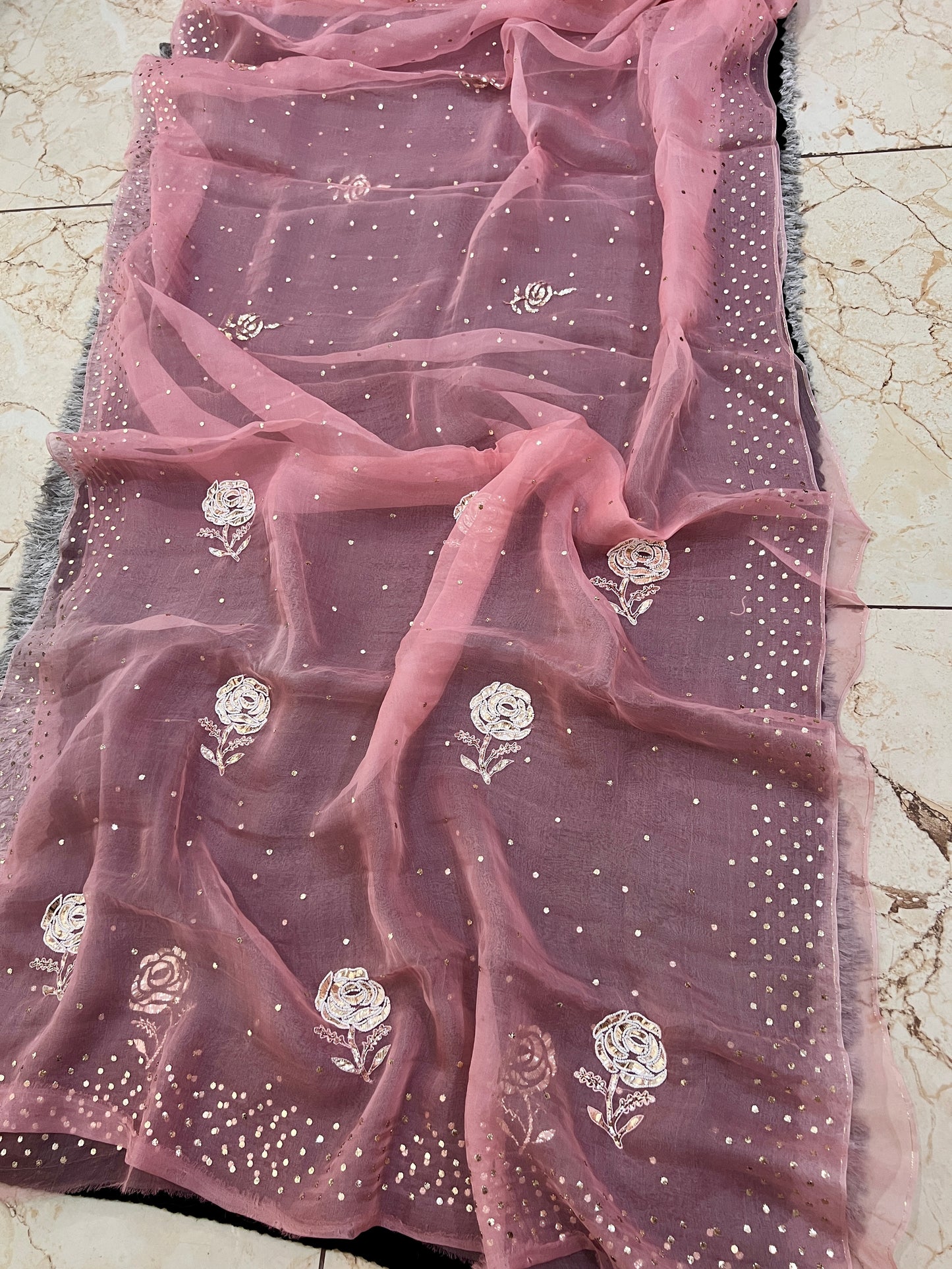 Rose Pink Pure Organza Saree with Pearl Badla and Mukaish Work