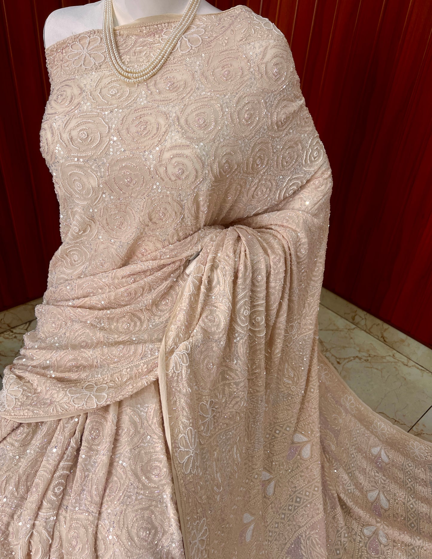 Ruhani Beige Chikankari Cut Dana and Sequins Saree