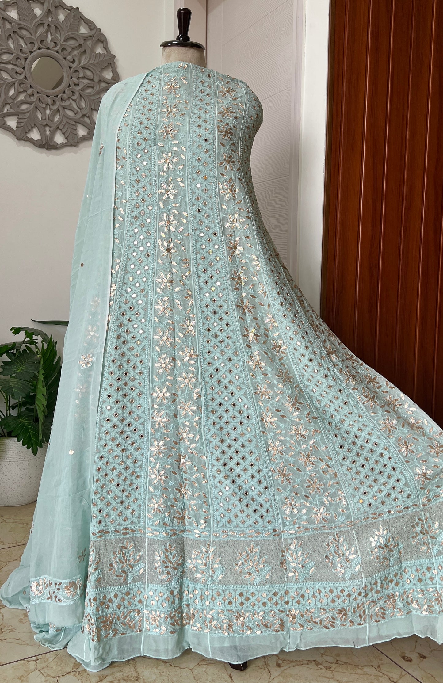 Mint green Chikankari Mirror Gota Patti Anarkali with Dupatta