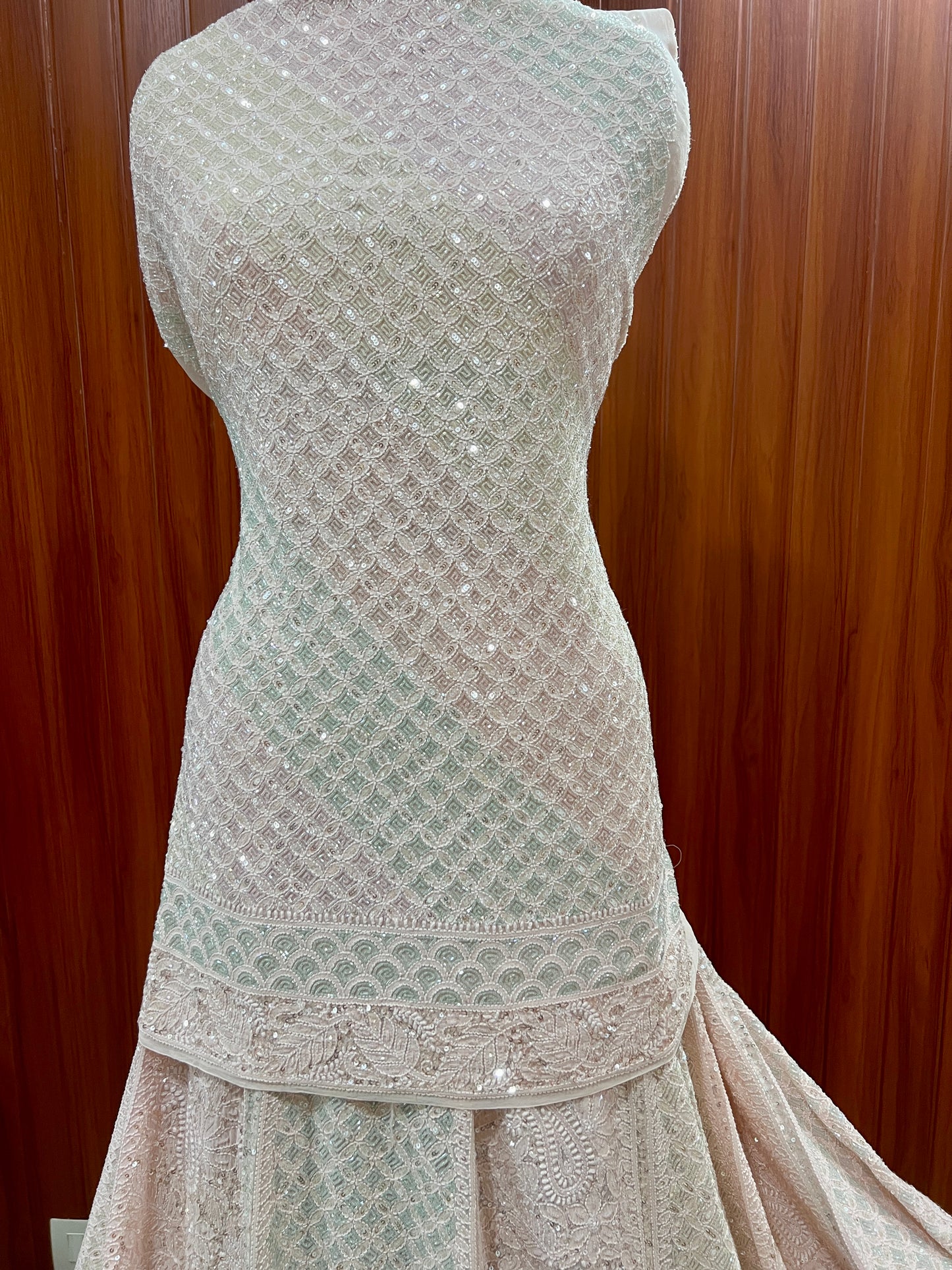 Ruhani Nude Pink Chikankari Lehenga with Multicolored Cut Dana and sequins Work