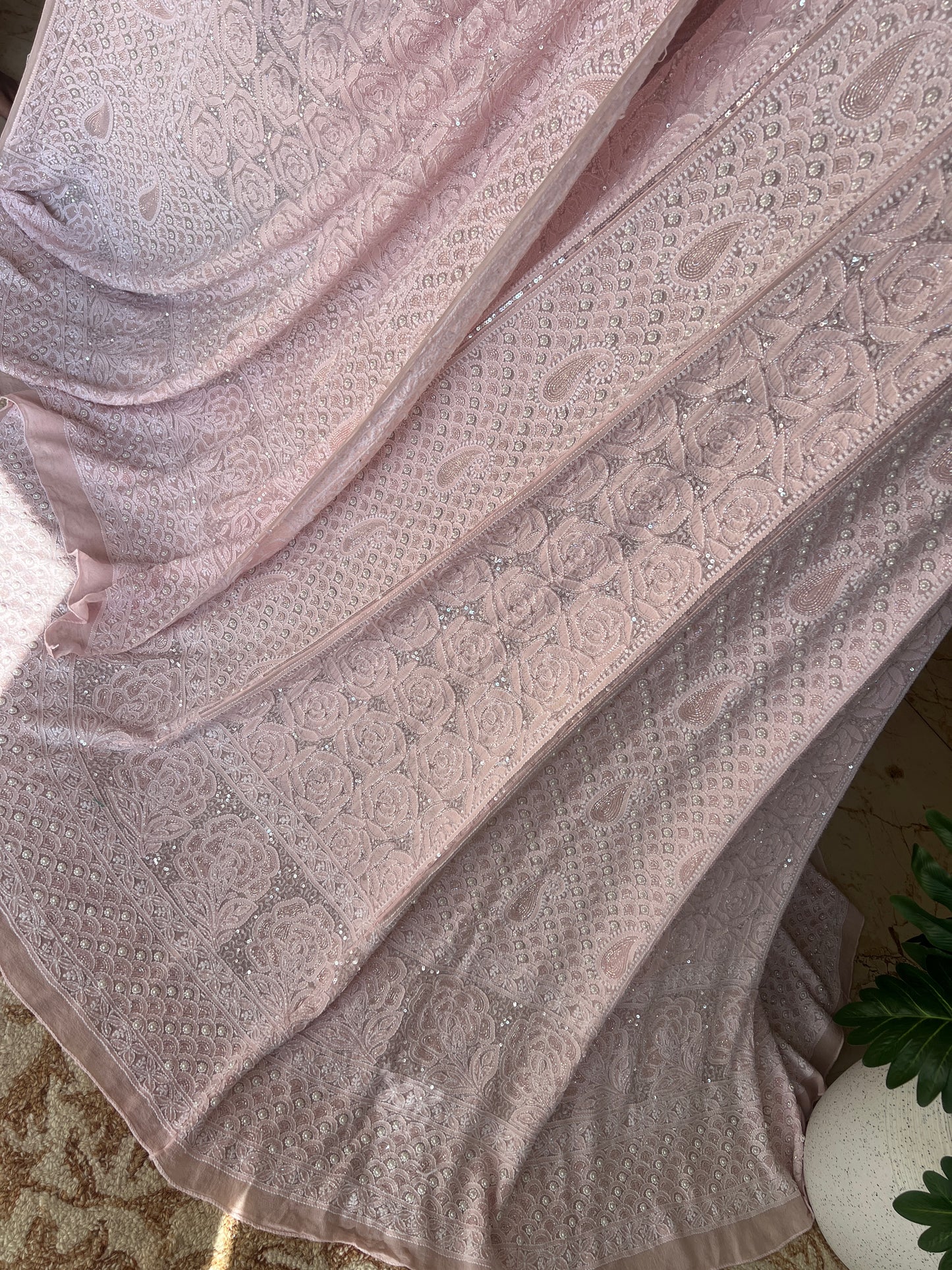 Ruhani Powder Pink Chikankari Pearl Cut Dana Sequins Wedding Lehenga
