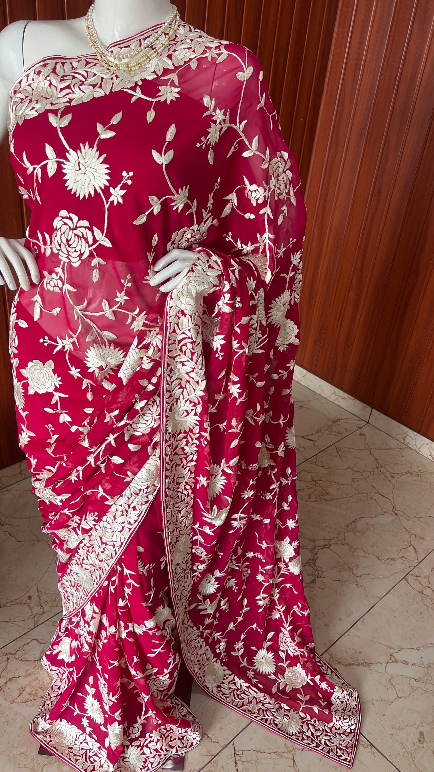 Crimson Parsi Gara Hand Embroidered Saree