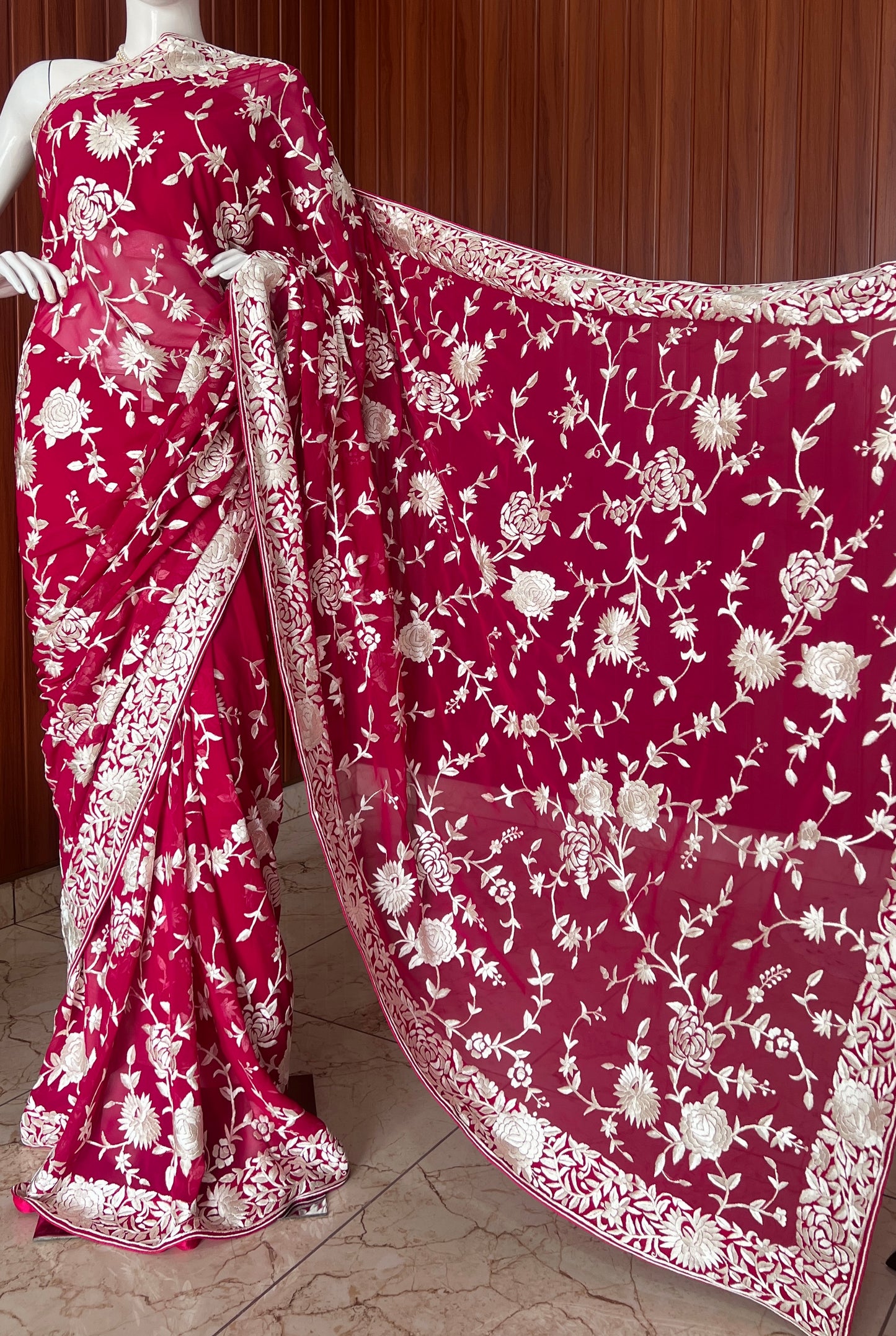 Crimson Parsi Gara Hand Embroidered Saree