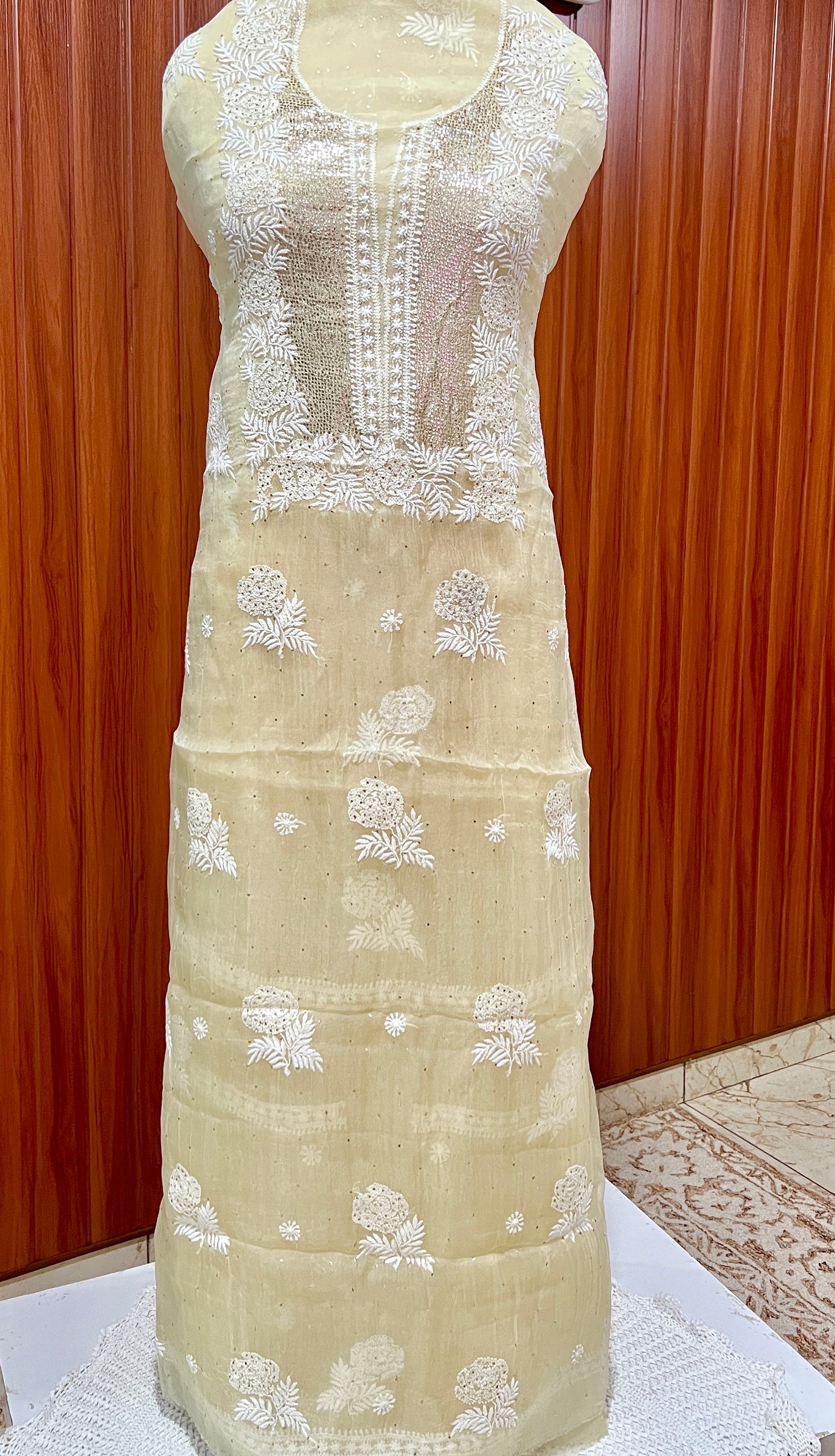 Lemon yellow Chikankari and mukaish work pure Organza kurta with dupatta