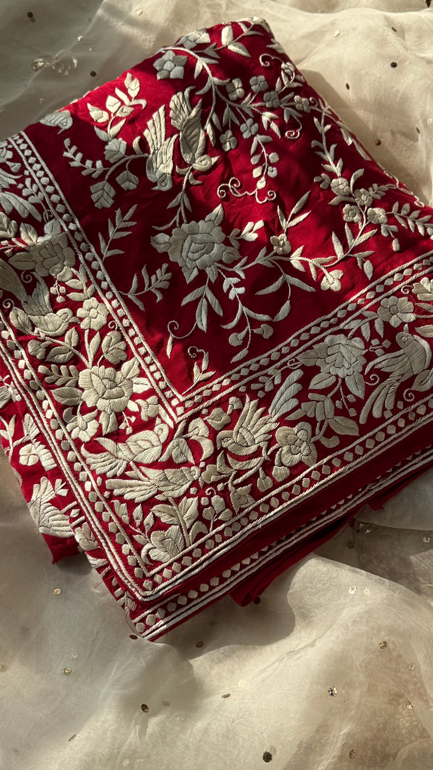 Red Masterpiece Parsi Gara Hand Embroidered Saree
