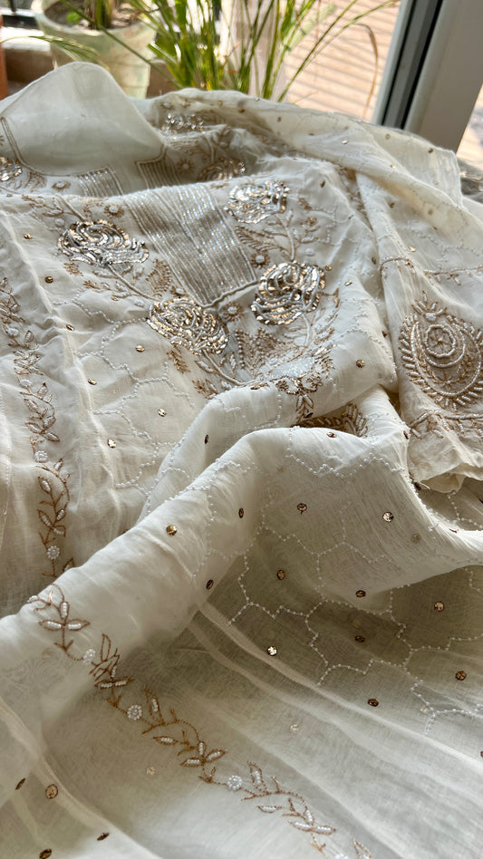 Mul Chanderi Anarkali with Mukaish and pearl work