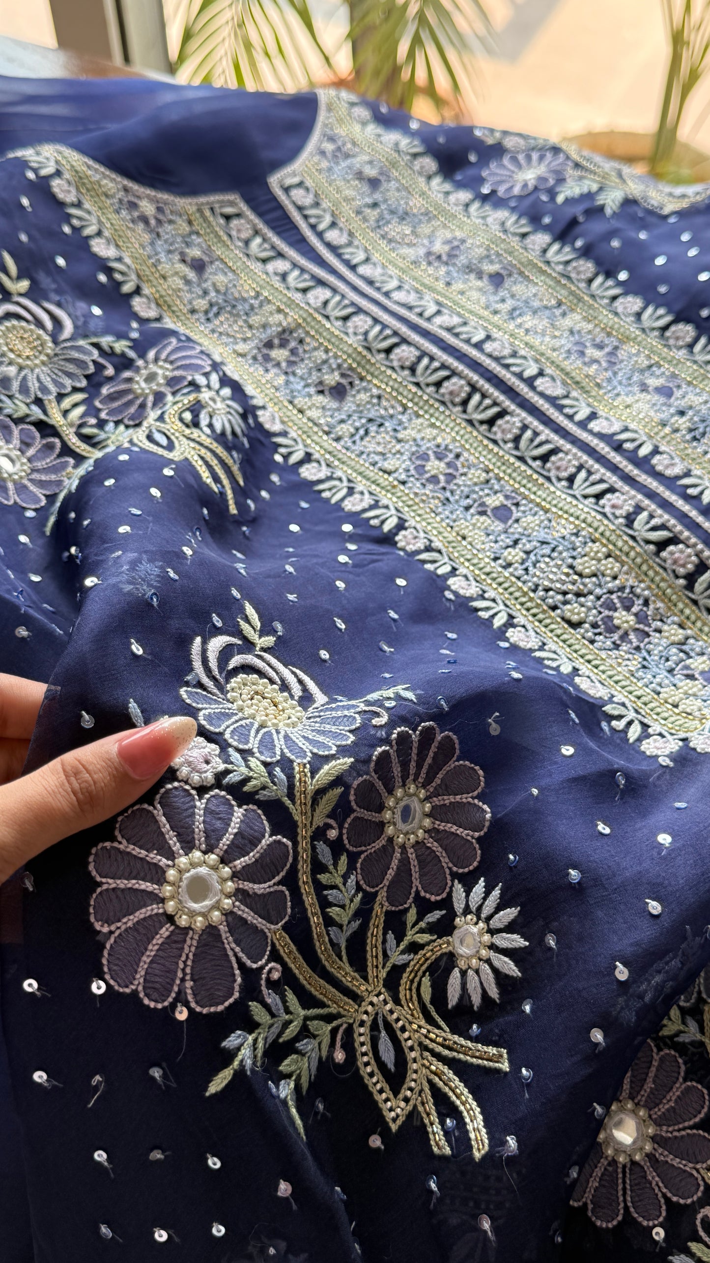 Ruhani Navy Blue fine Chikankari pure Organza kurta with dupatta