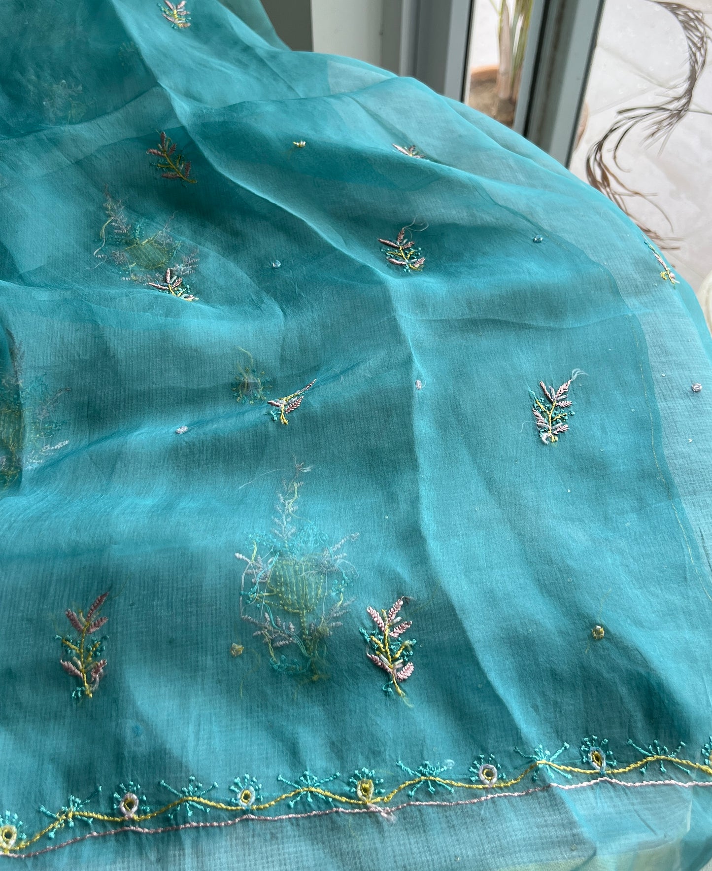 Sage green Resham Chikankari pearl sequins pure Organza kurta with dupatta