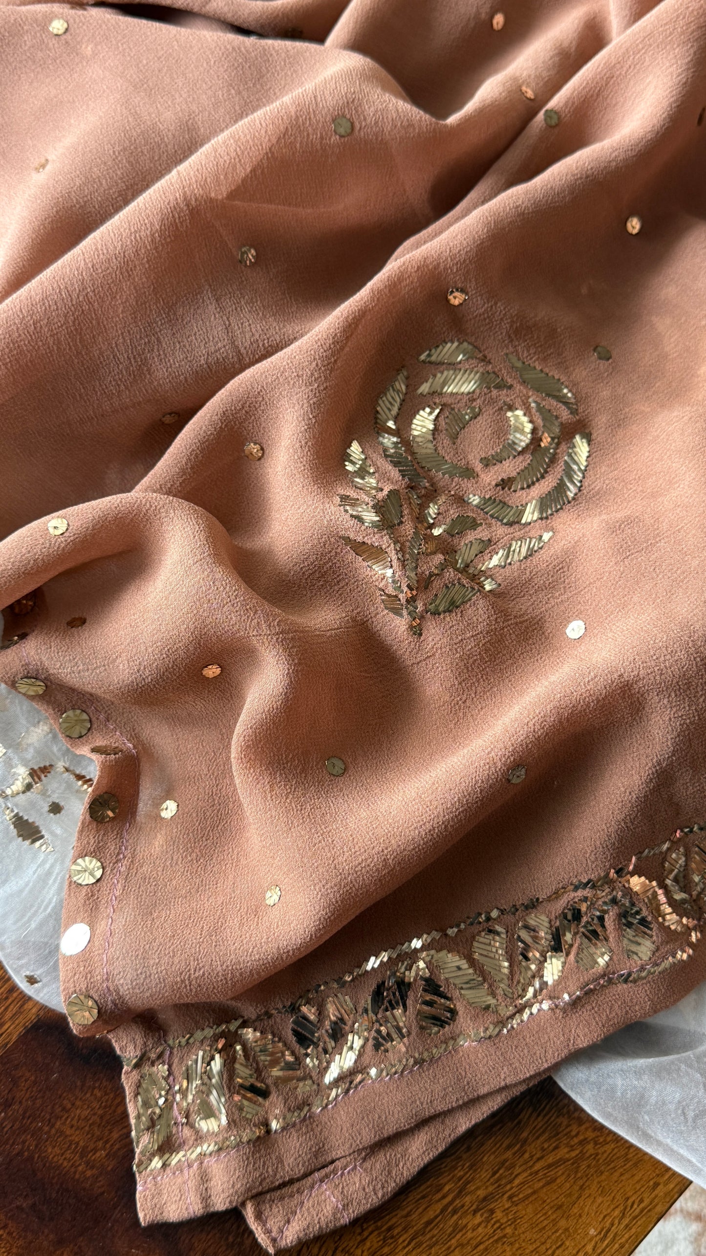 Ruhani cocoa brown heavy badla and Mukaish pure Georgette anarkali and dupatta