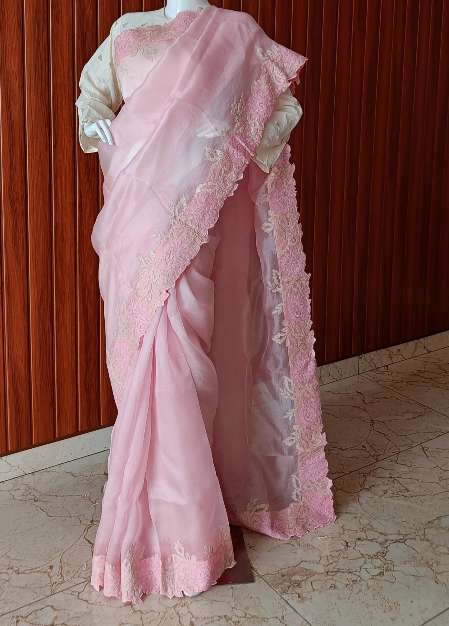 Pink Pure Organza Shadow and Cut Work Saree