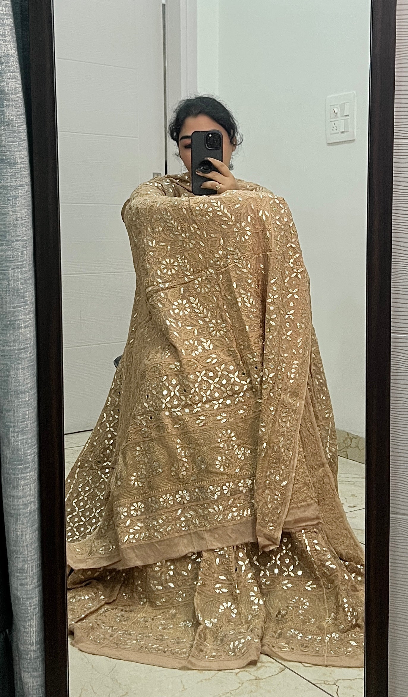Cinnamon Chikankari Gota Patti and Mirror Lehenga
