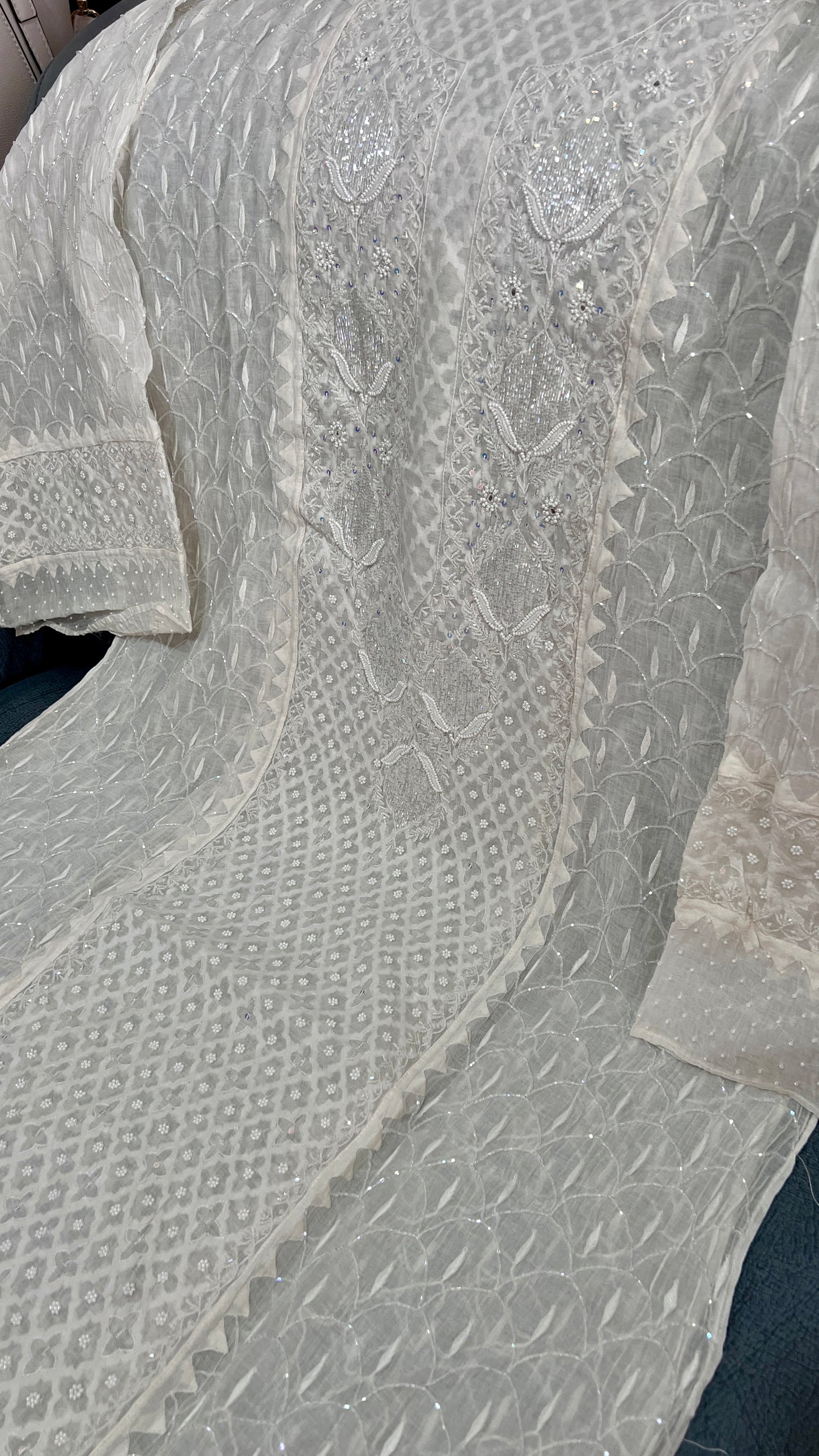 Ivory pearl and cut dana work mulmul kurta with dupatta