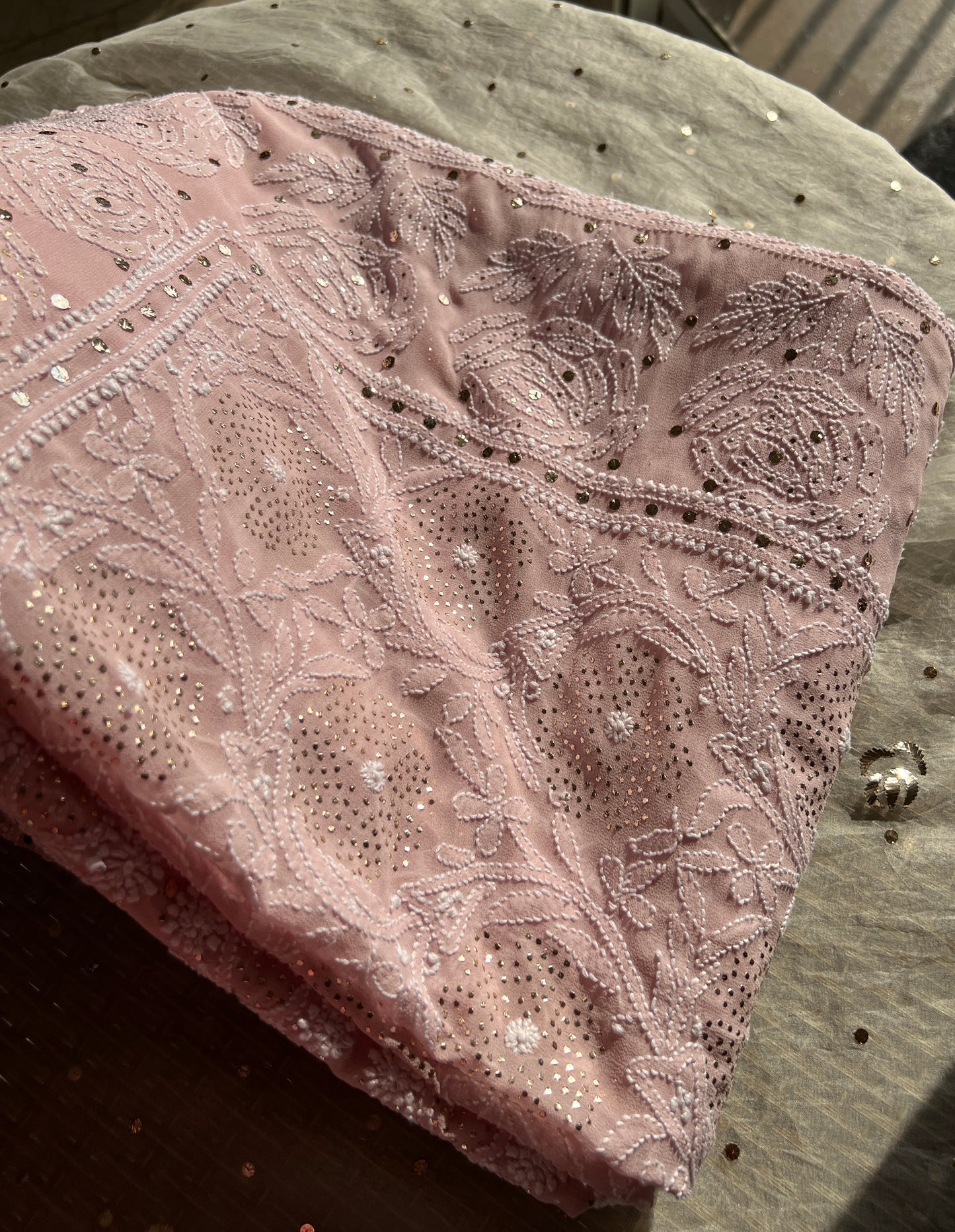 Ruhani Dusty Pink Allover Designer Chikankari and Mukaish Saree