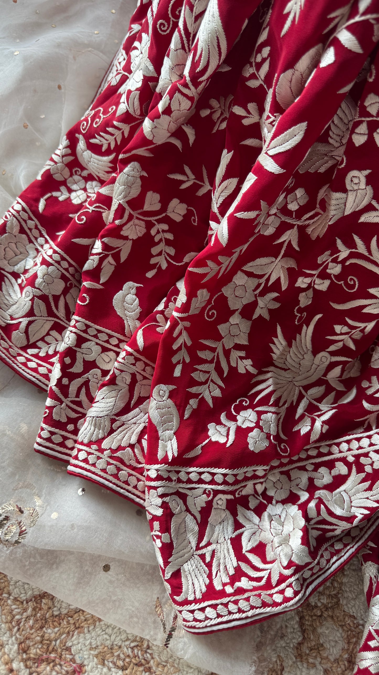 Red Masterpiece Parsi Gara Hand Embroidered Saree