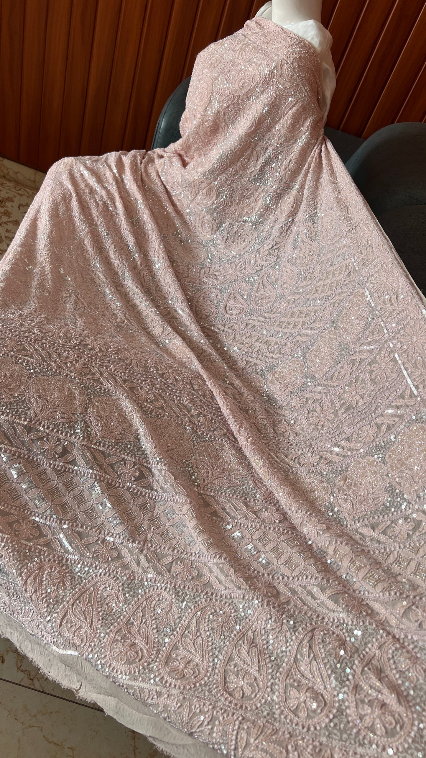 Gulaab Dusty Pink Masterpiece Chikankari Sequins and Cut Dana Saree