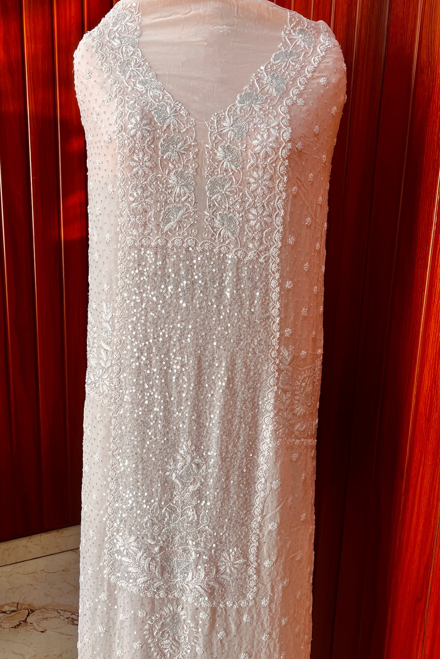 Ruhani Peach Suit with Chikankari Sequins Pearl and Cut Dana