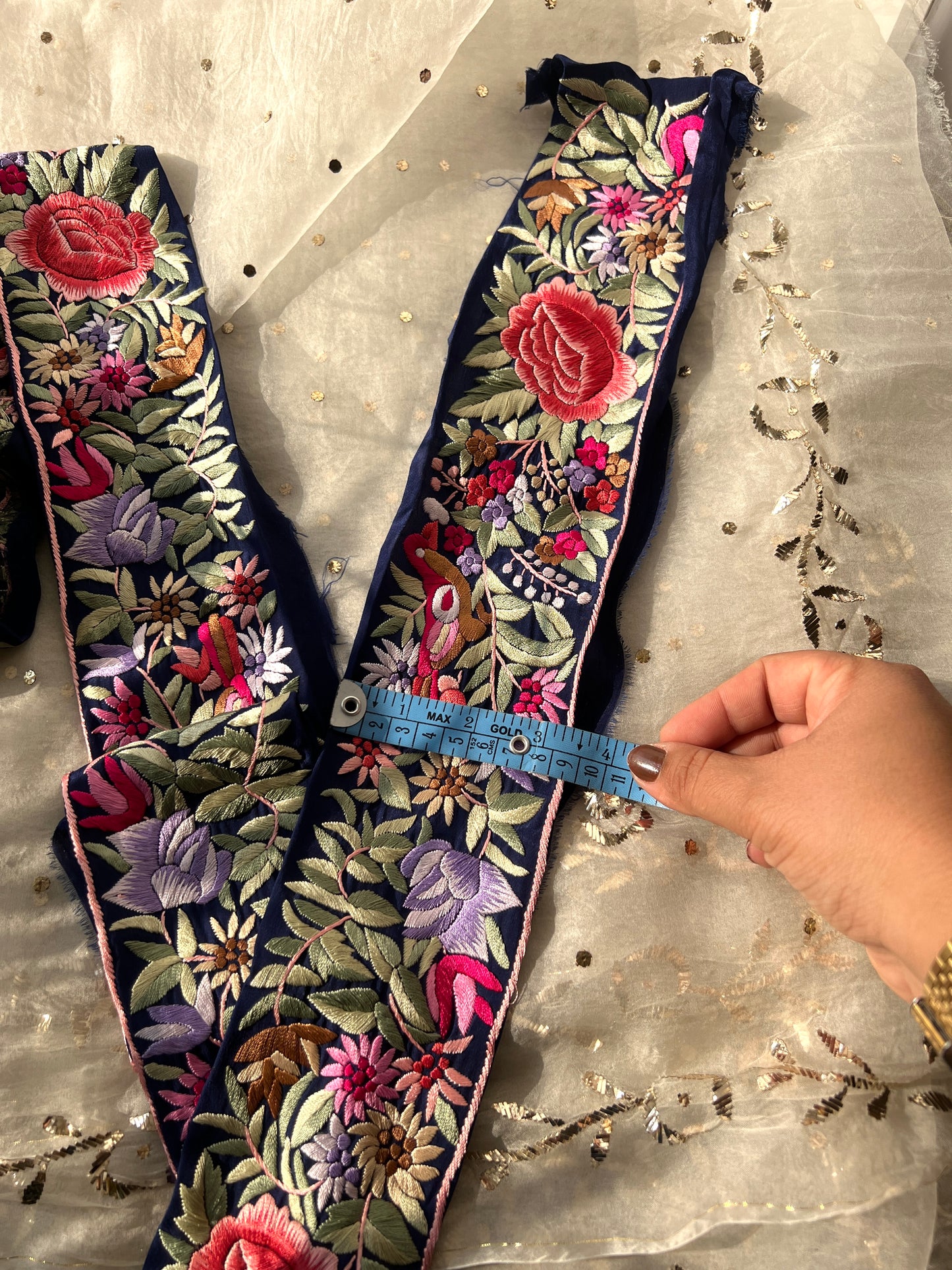 Blue hand embroidered parsi gara border