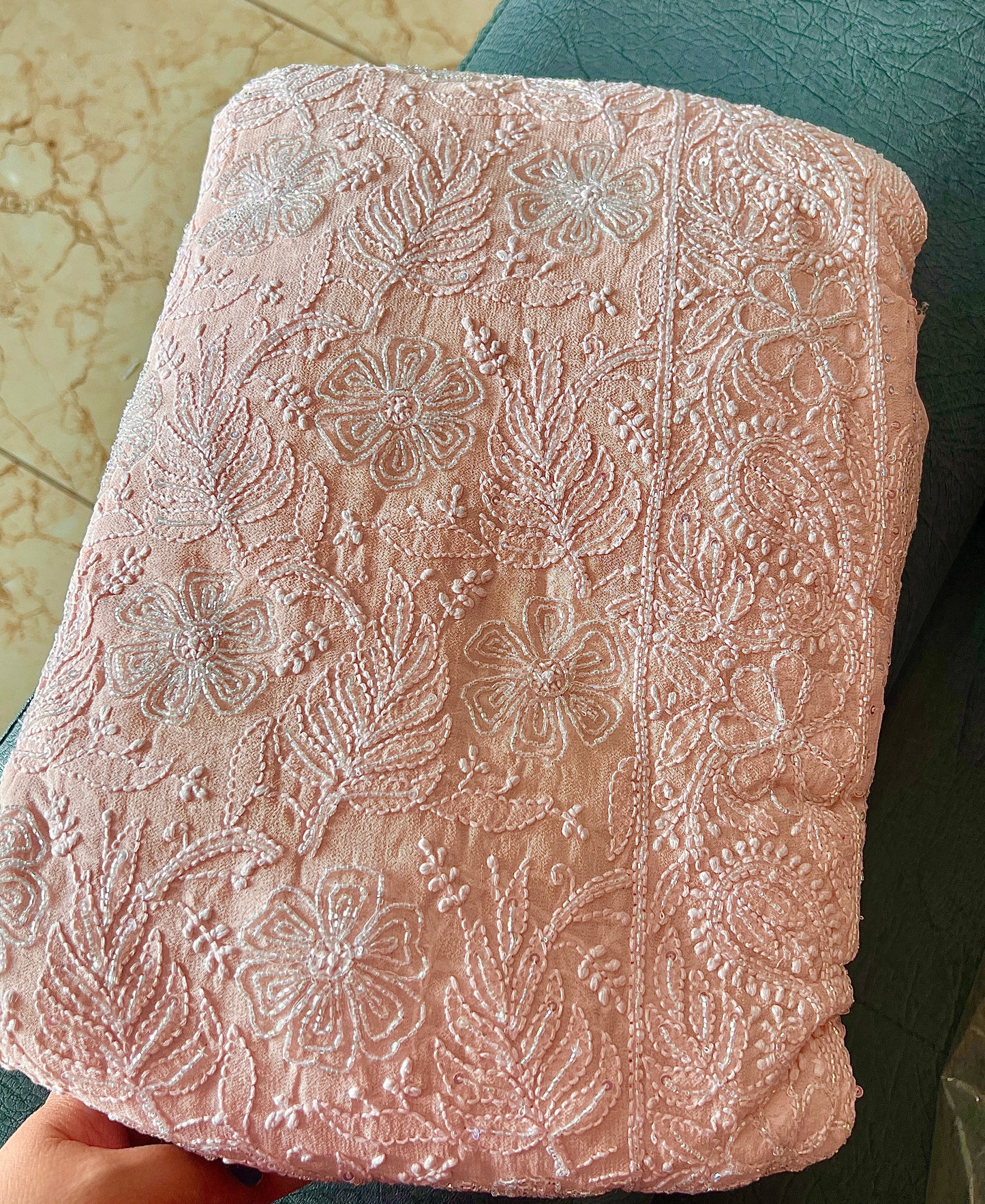 Ruhani Light Peach Chikankari and Cut Dana Saree