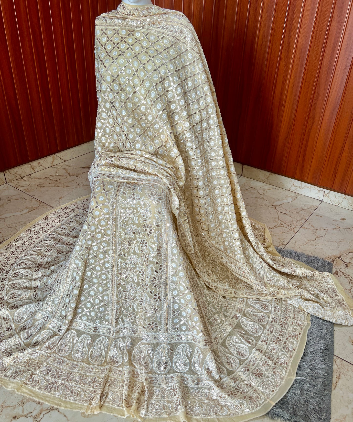 Ruhani Creamish Yellow Chikankari and Gota Patti Pure Georgette Lehenga Set