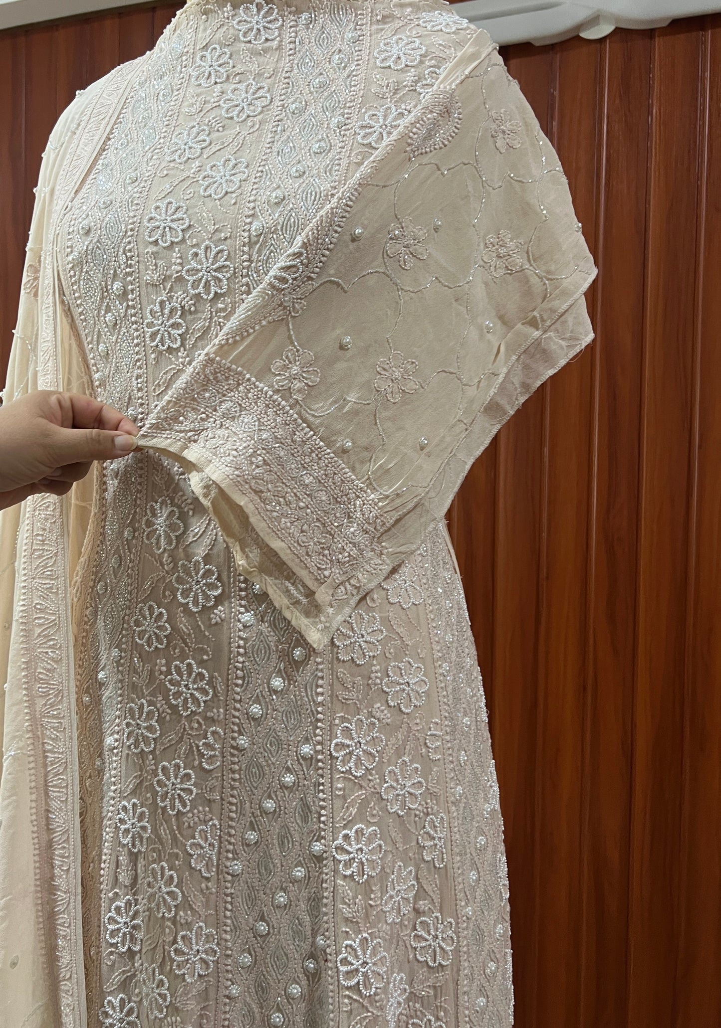 Beige fine Chikankari Pearl Sequins and Cut Dana Anarkali