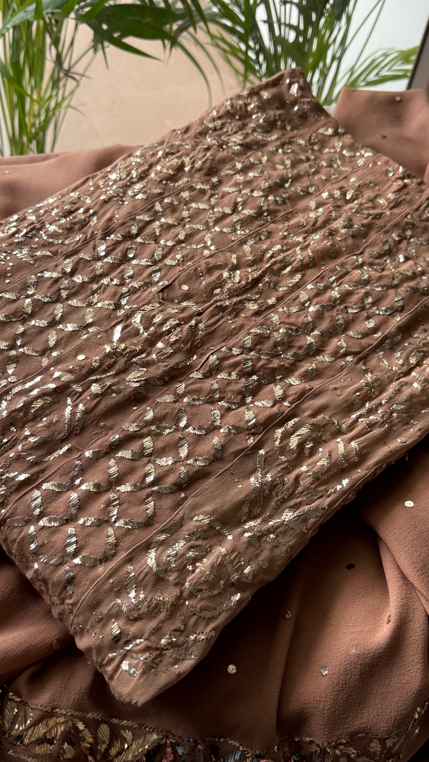 Ruhani cocoa brown heavy badla and Mukaish pure Georgette anarkali and dupatta