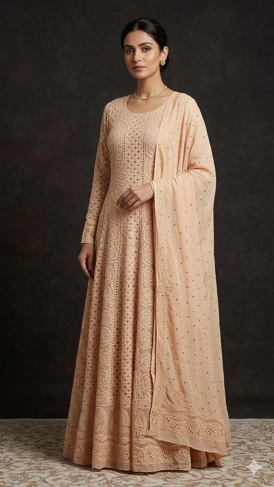Dusty peach allover Chikankari and mukaish anarkali with dupatta