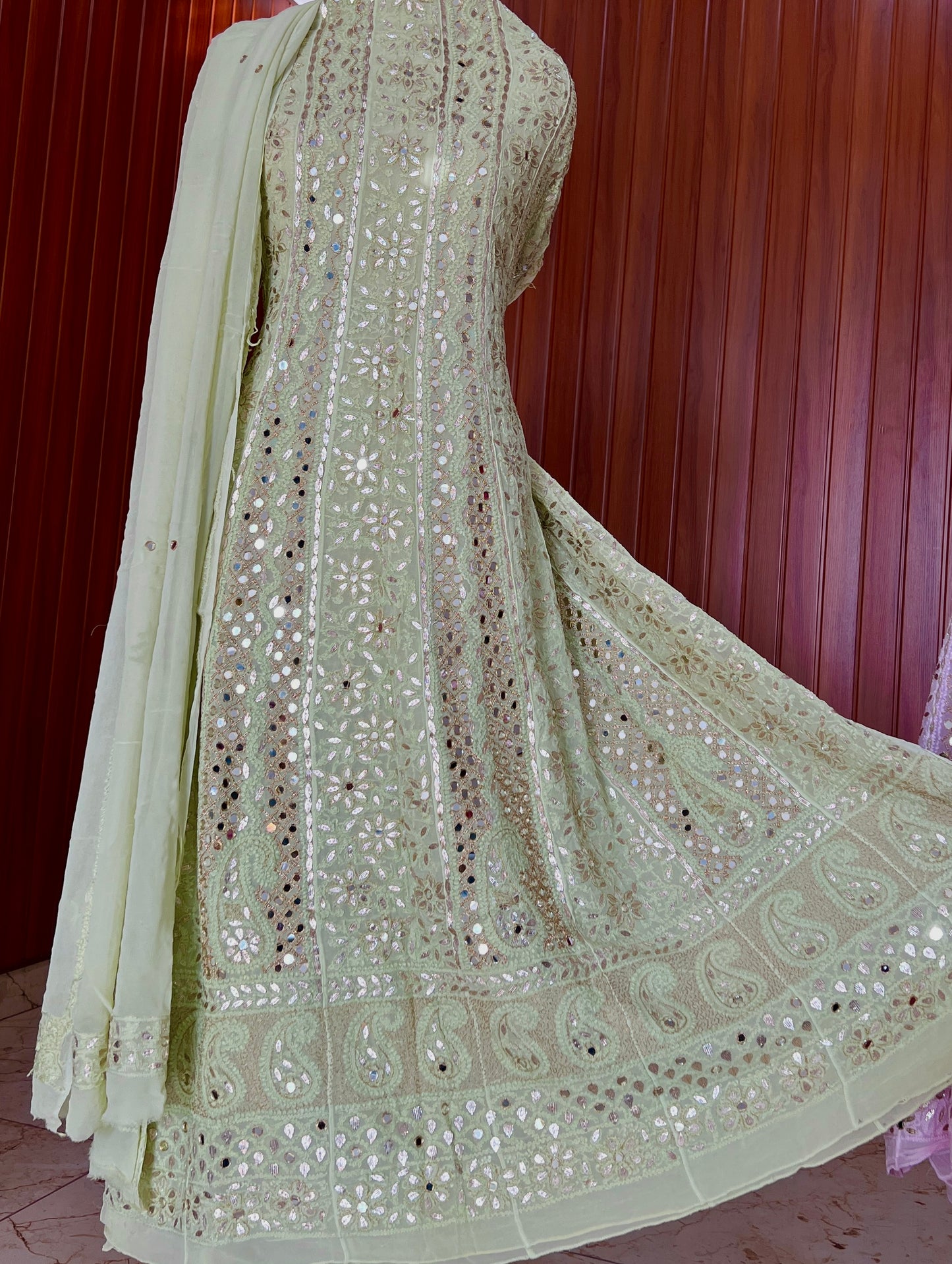 Lime Green Chikankari Mirror Gota Patti Anarkali with Dupatta