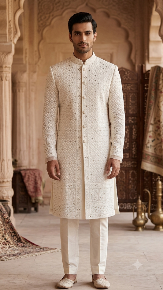 Ruhani pure georgette allover Chikankari and mukaish men's wedding sherwani Fabric