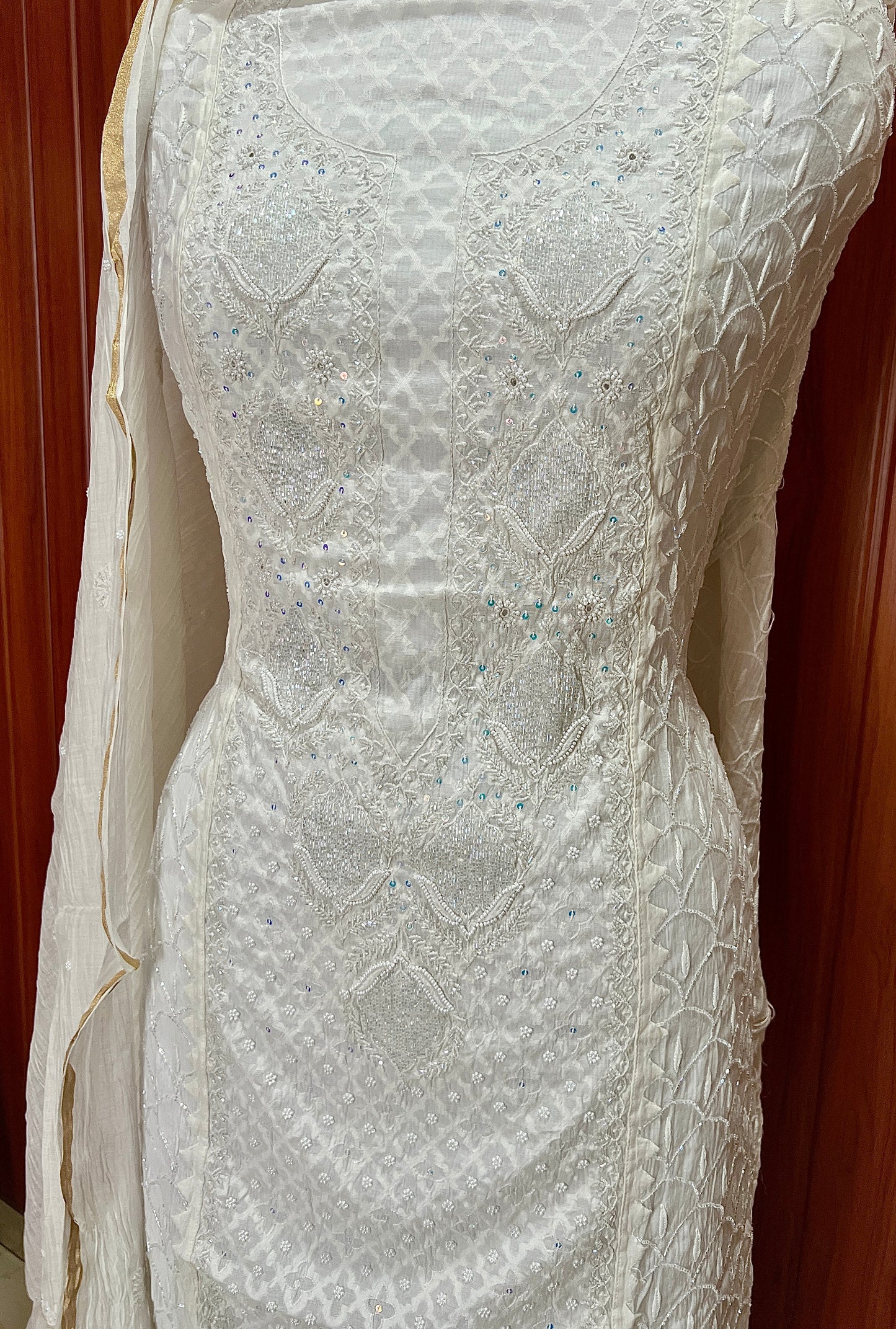 Ivory pearl and cut dana work mulmul kurta with dupatta