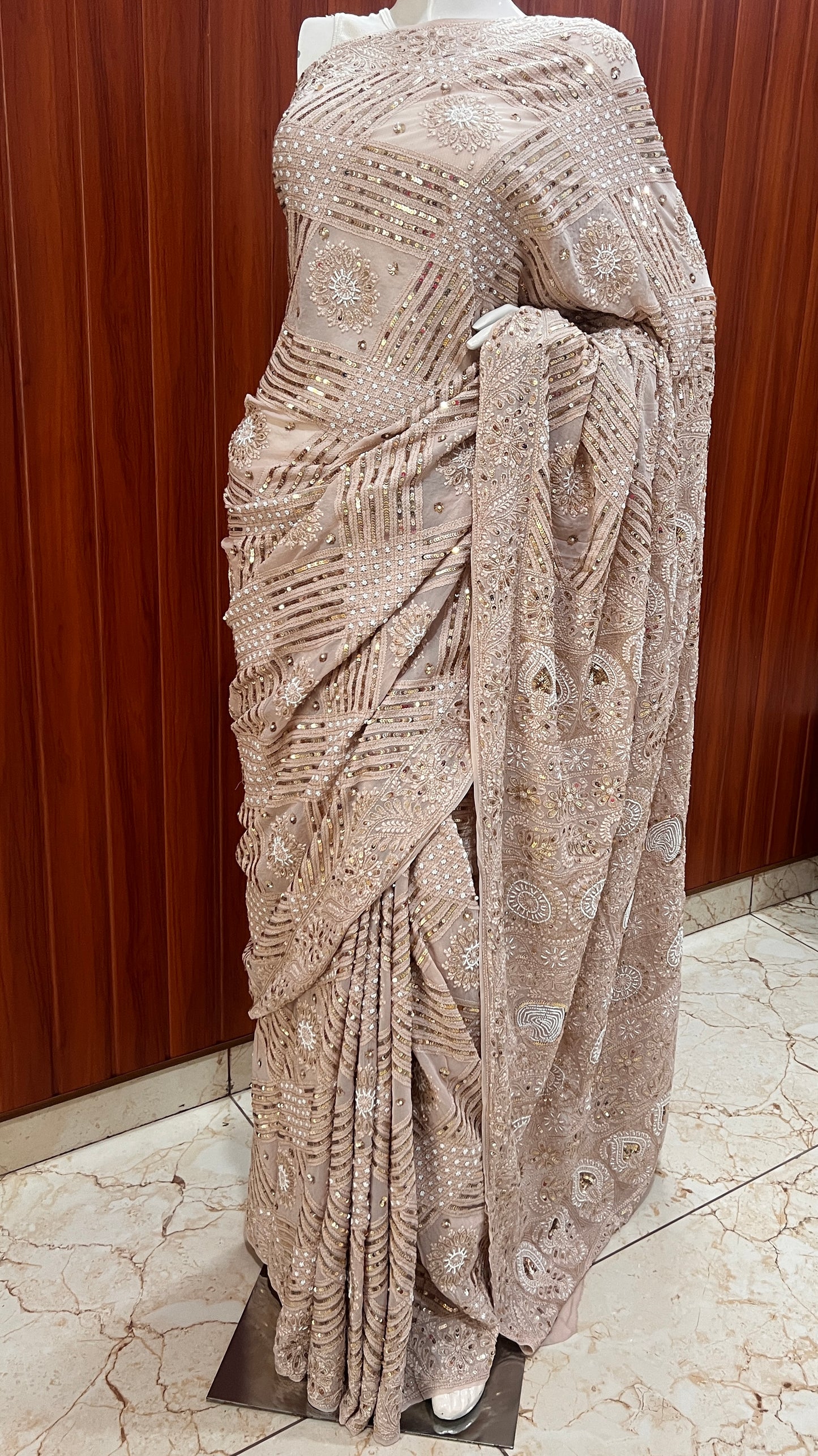 Ruhani Powder brown Chikankari Saree with Sequins Pearl and Aari Embroidery