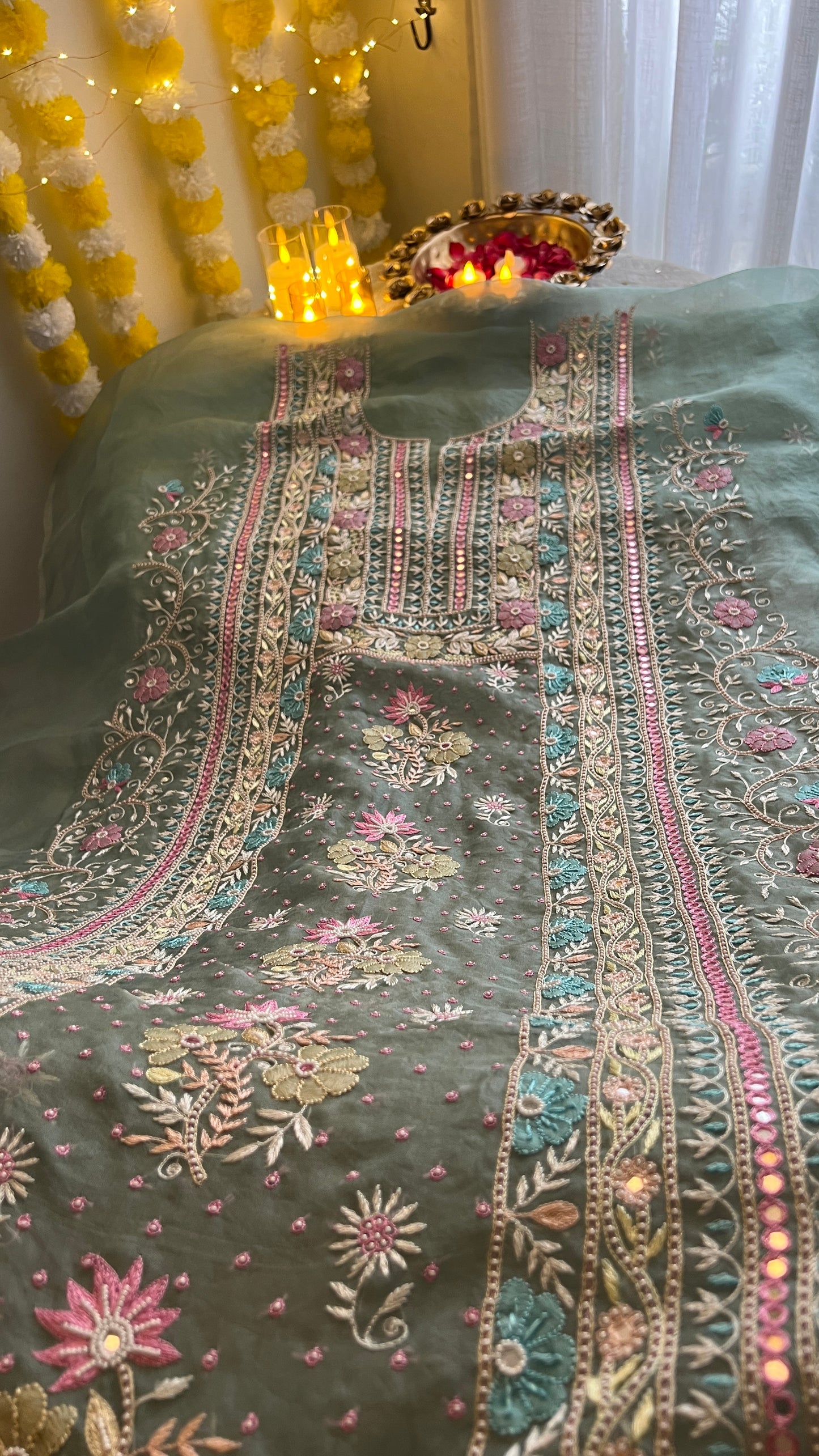 Ruhani Sage Green fine Chikankari pure Organza kurta with dupatta