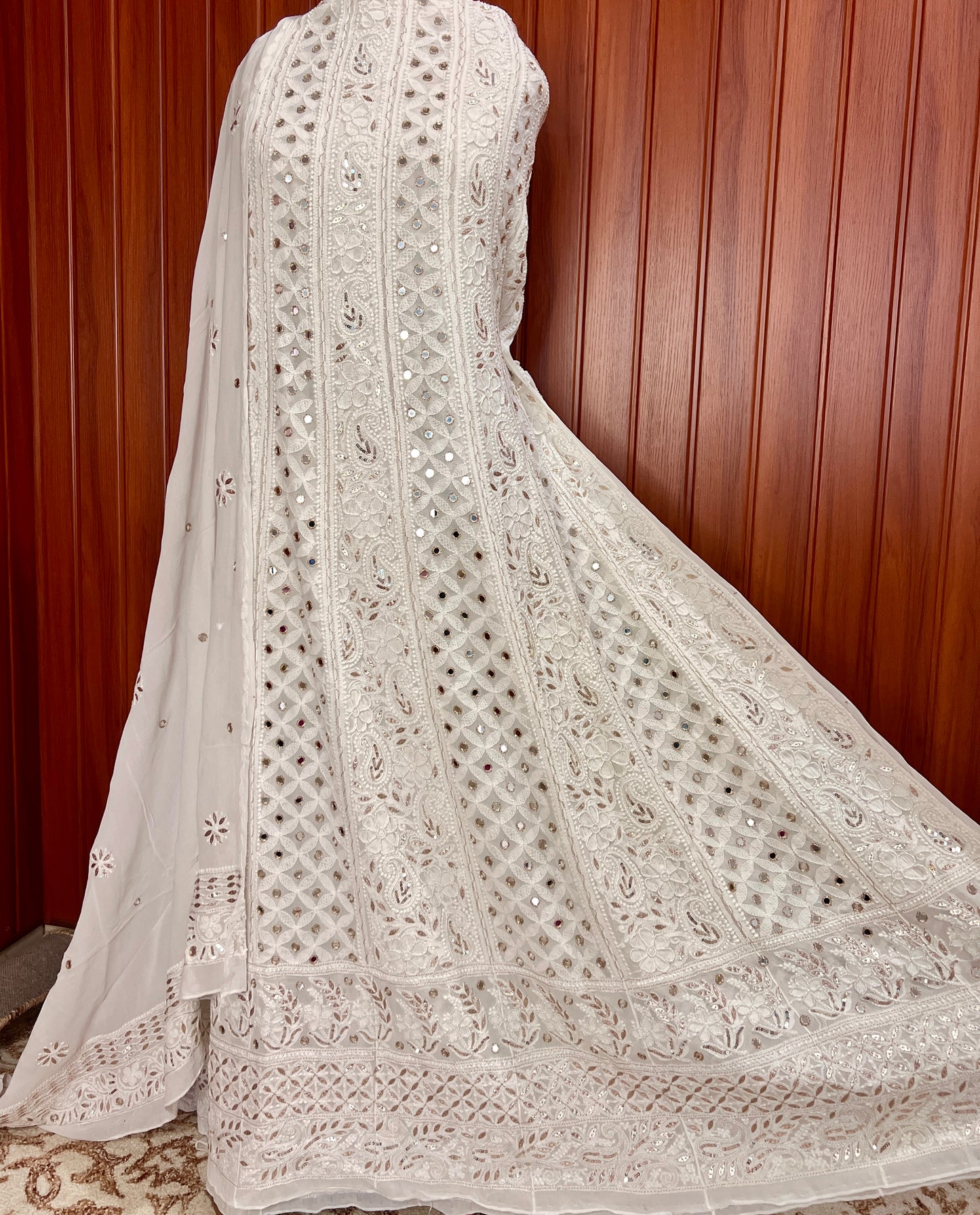 Off White Chikankari Mirror Pearl Sequins Anarkali with Dupatta