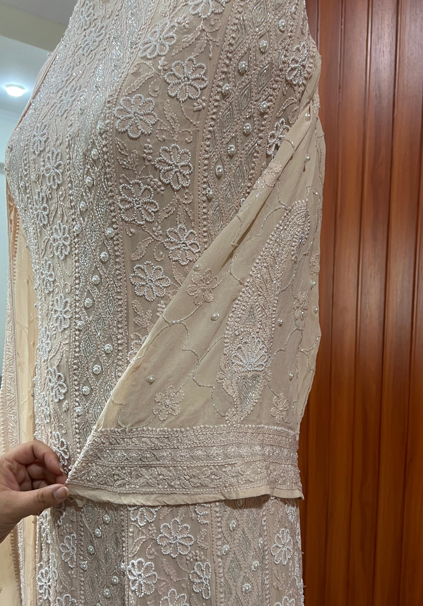 Beige fine Chikankari Pearl Sequins and Cut Dana Anarkali