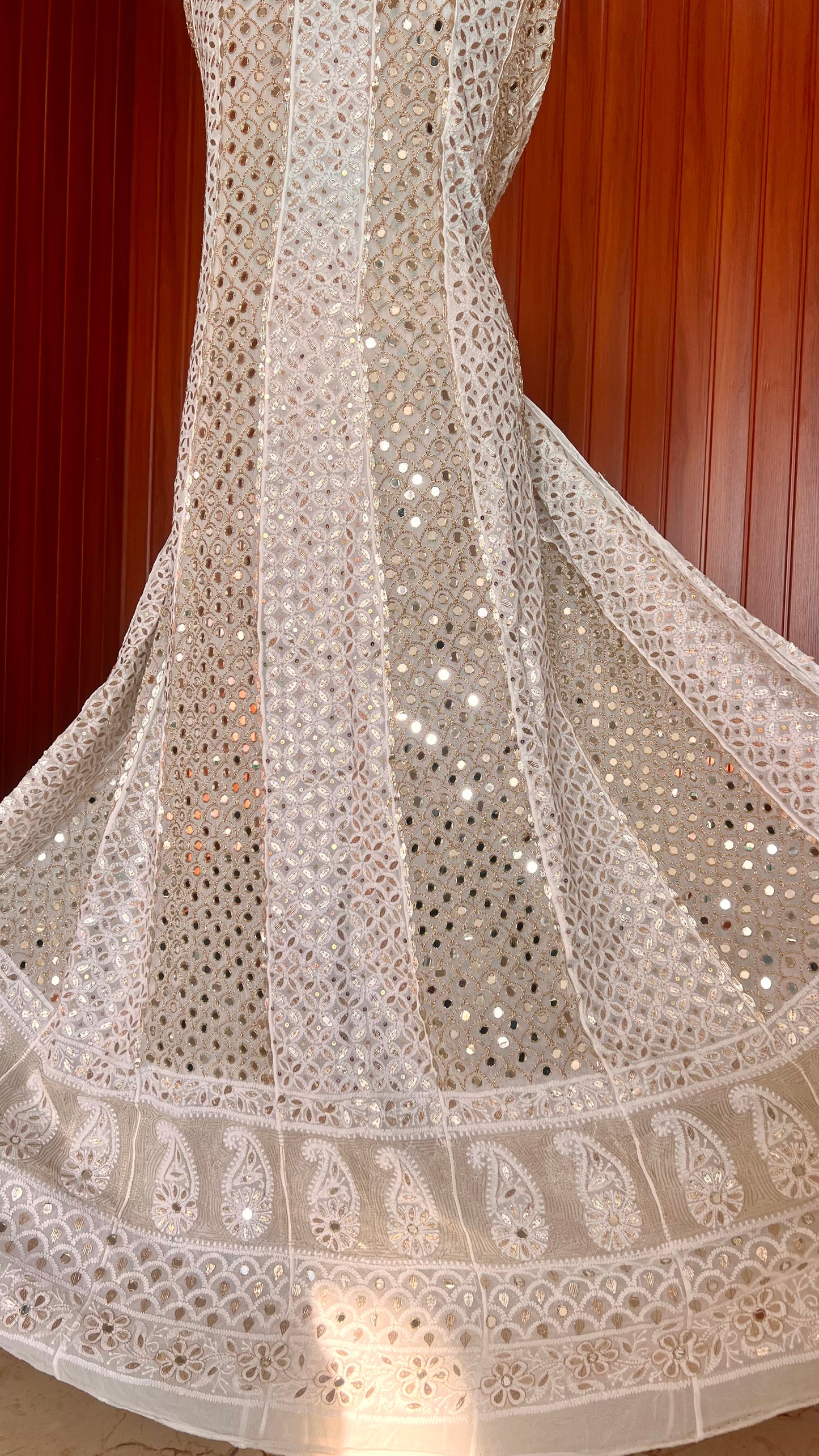 White Chikankari Mirror Gota Sequins Work Anarkali with Dupatta