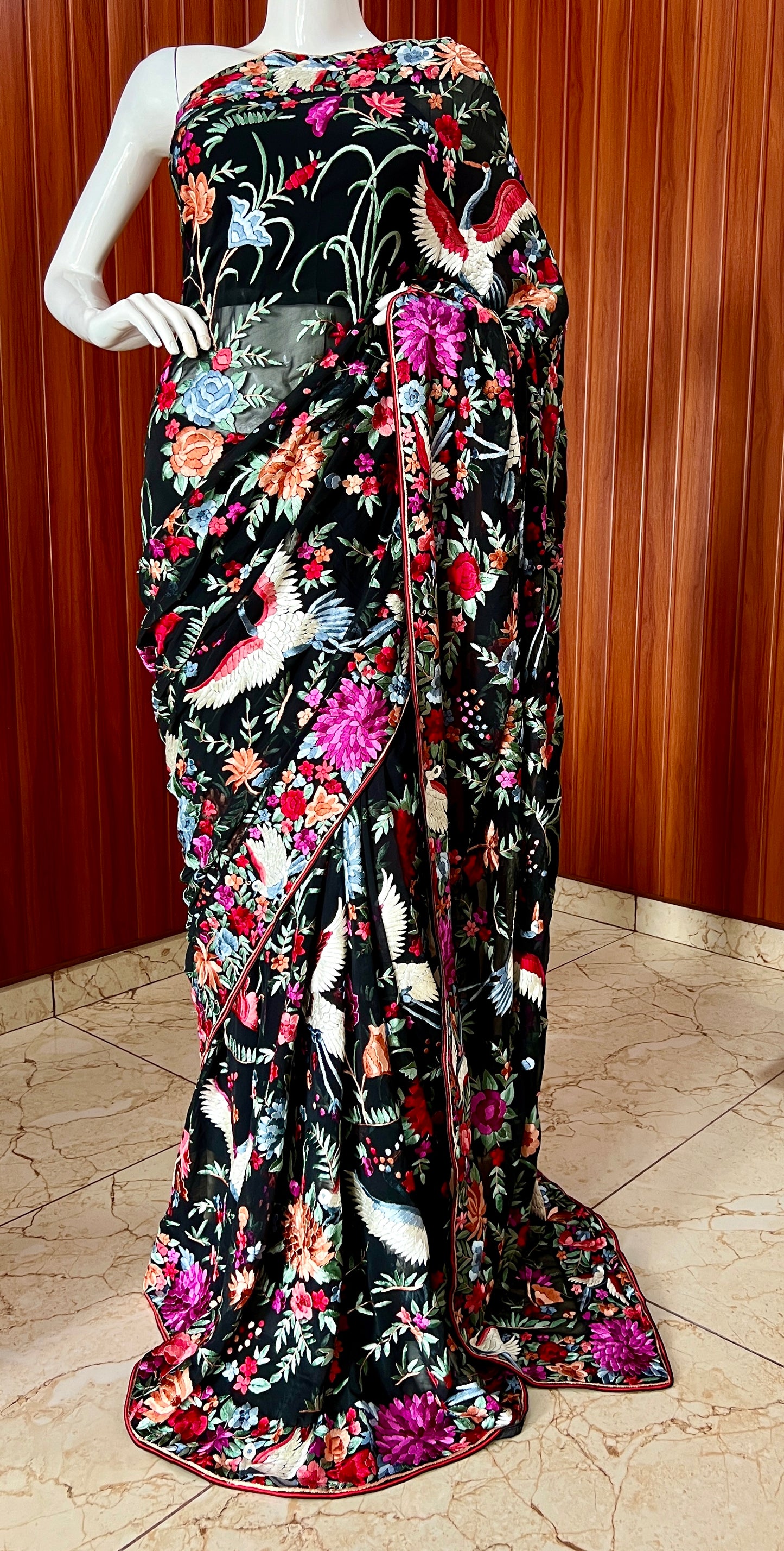 Black Masterpiece Parsi Gara Pure Georgette Saree