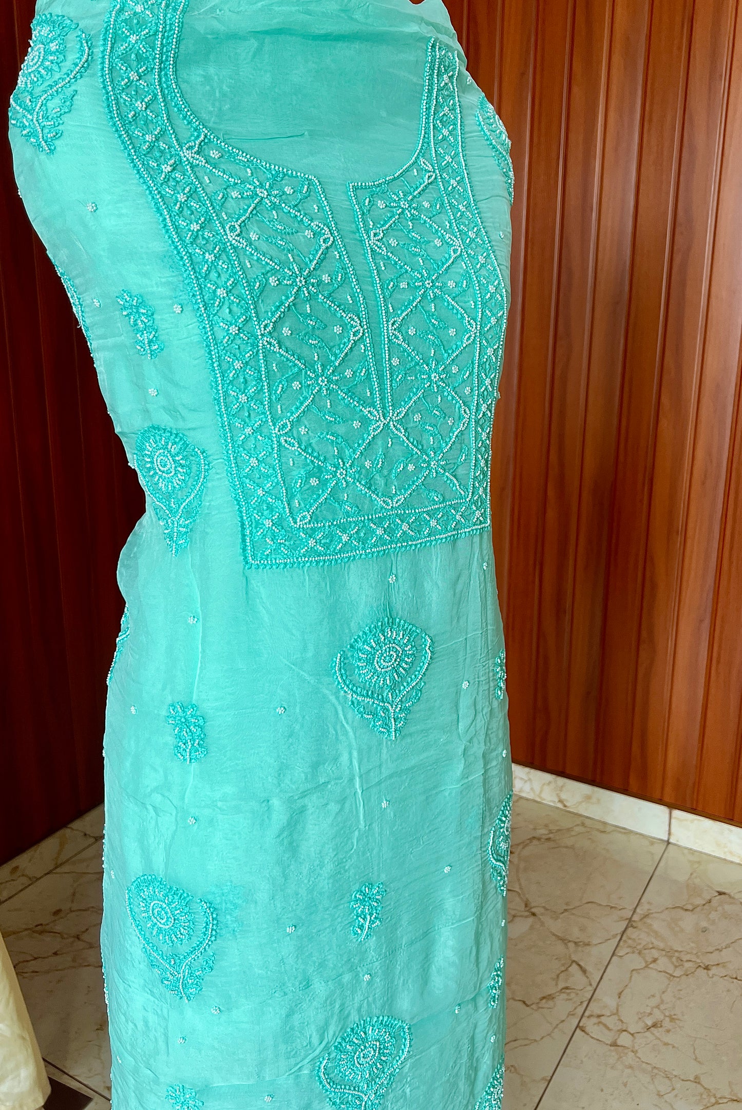 Sea green Chikankari and pearl work Organza kurta with dupatta