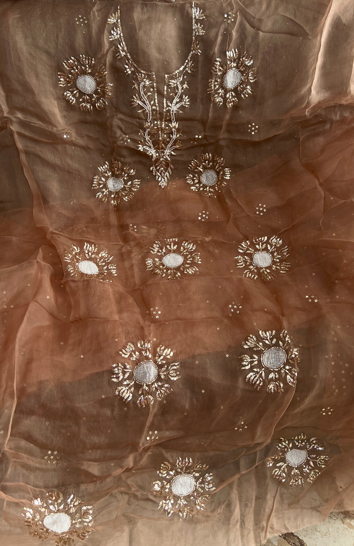 Cinnamon brown Badla Mukaish and pearl work pure Organza kurta with dupatta