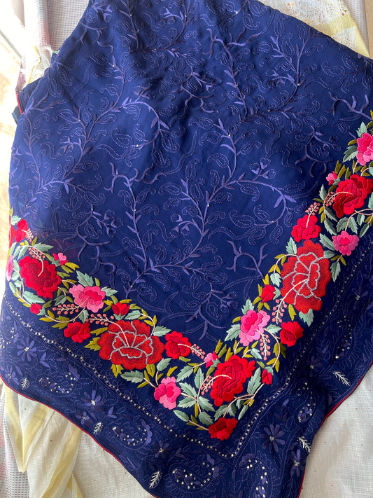 Navy Blue Pure Georgette saree with allover Parsi gara and french knot hand embroidery