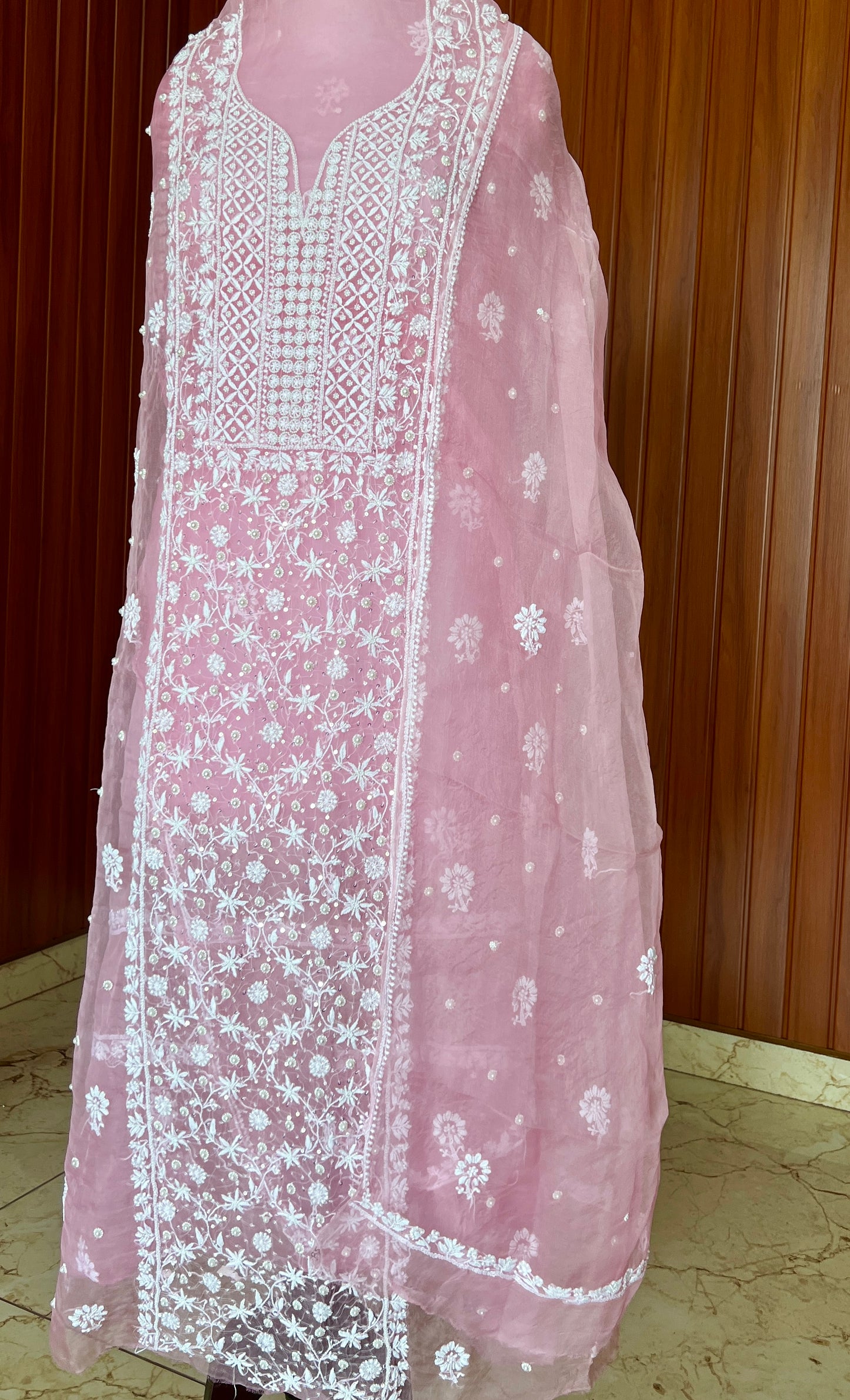 Pink Chikankari and pearl work pure Organza kurta with dupatta