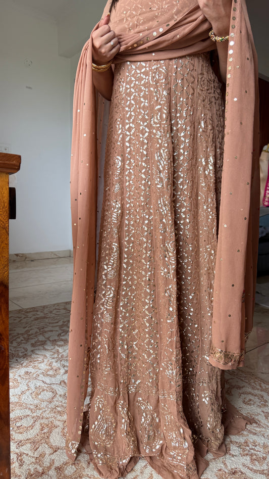 Ruhani cocoa brown heavy badla and Mukaish pure Georgette anarkali and dupatta