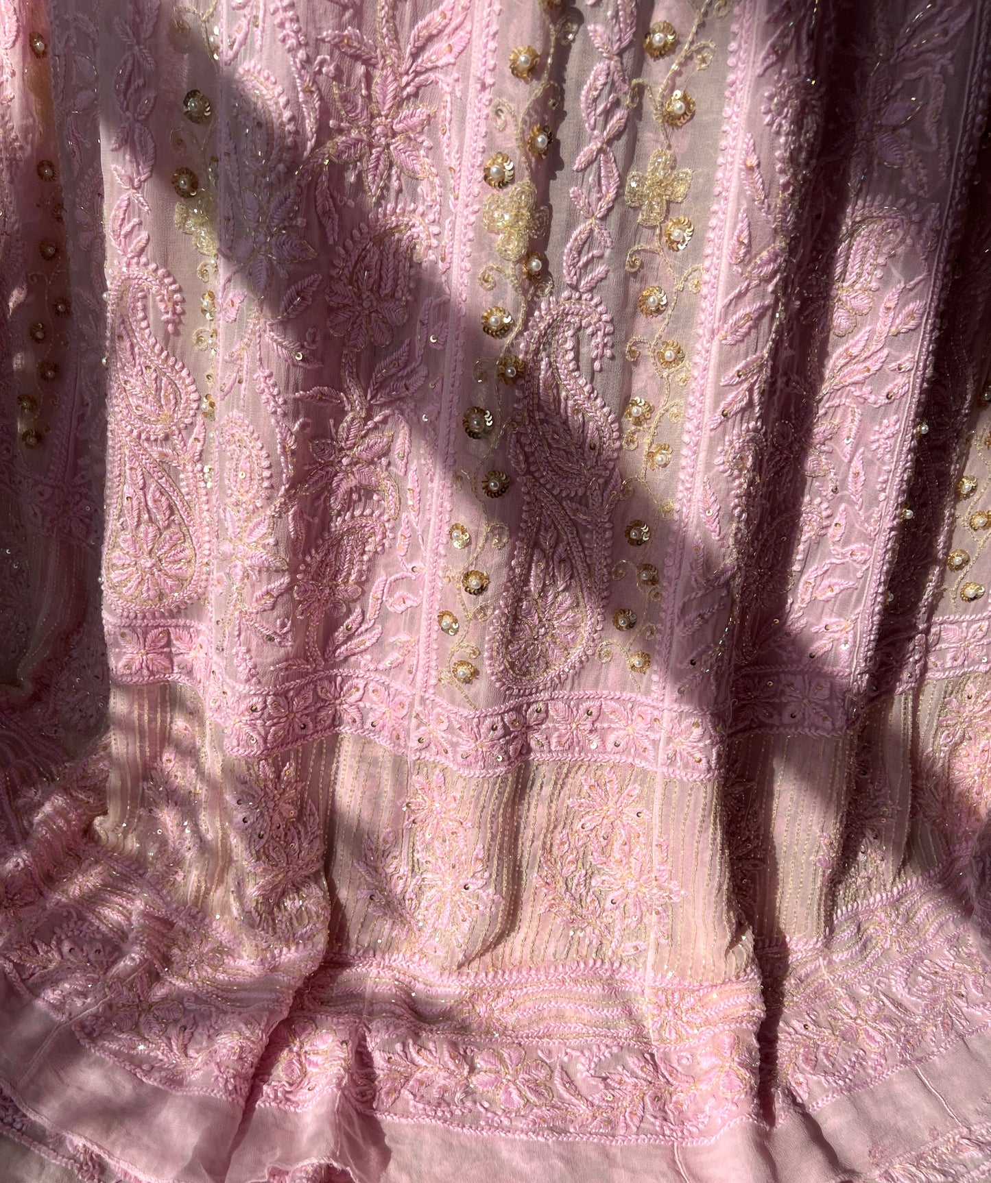 Pretty pink Chikankari Sequins Cut Dana pearl Anarkali
